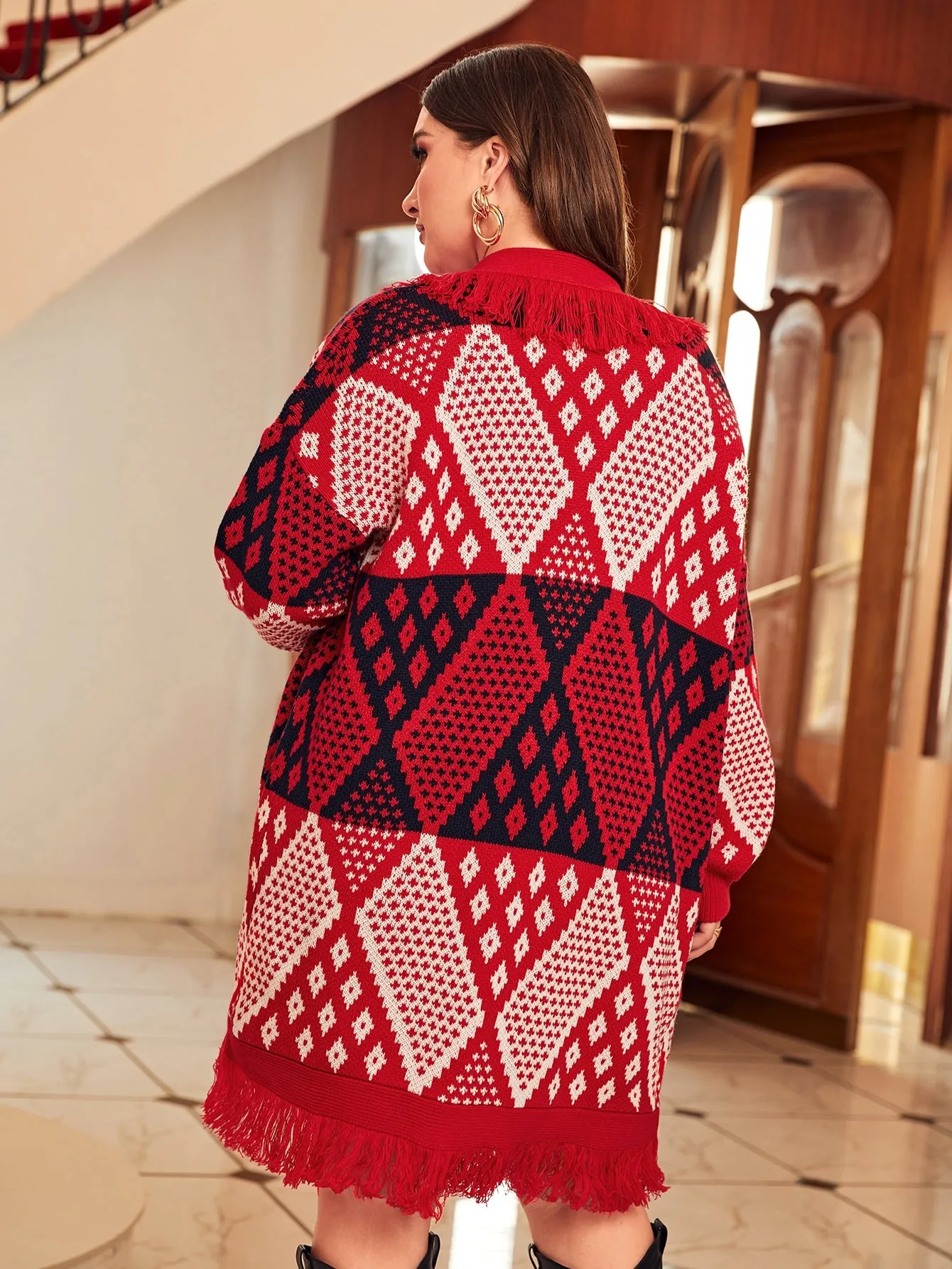 All Over Print Fringe Long Sleeve Knee Length Plus Size Cardigan