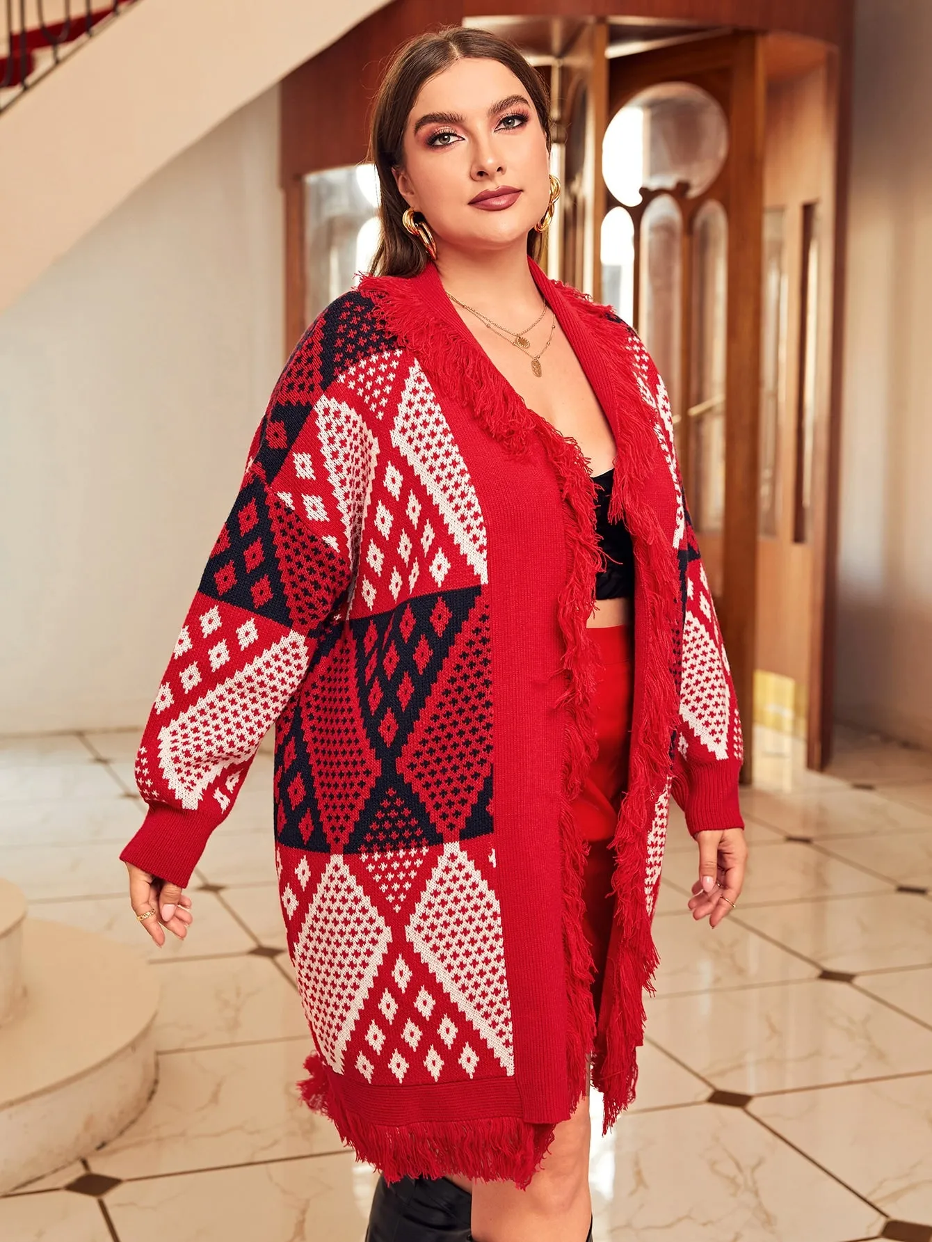 All Over Print Fringe Long Sleeve Knee Length Plus Size Cardigan