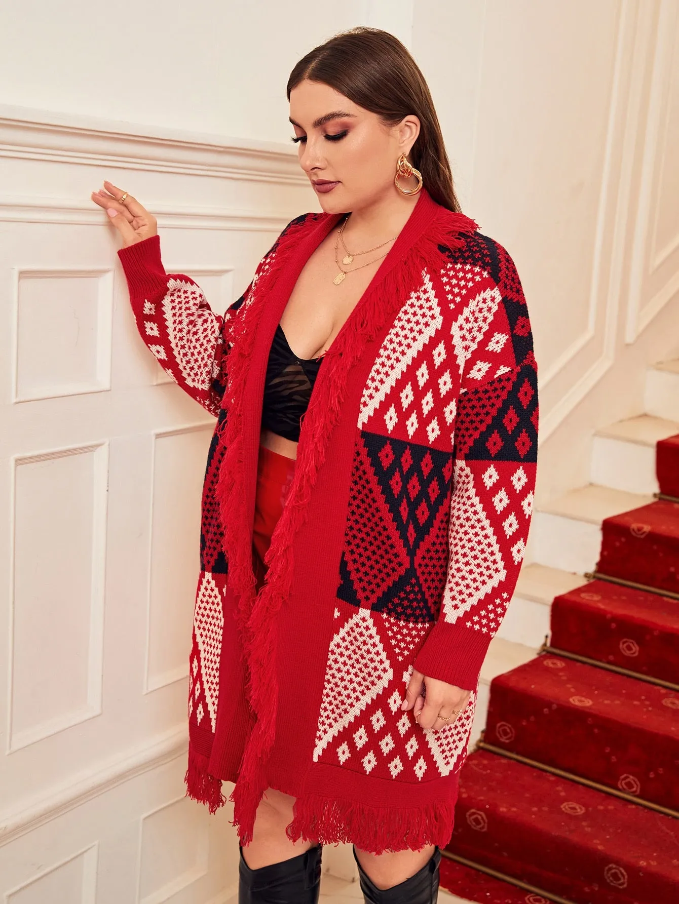 All Over Print Fringe Long Sleeve Knee Length Plus Size Cardigan