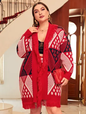 All Over Print Fringe Long Sleeve Knee Length Plus Size Cardigan