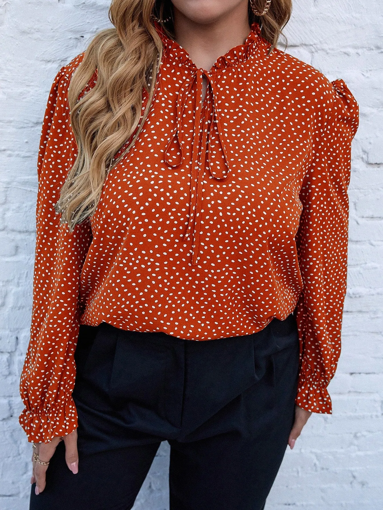 All Over Print Knot Long Sleeve Tie Neck Regular Plus Blouse