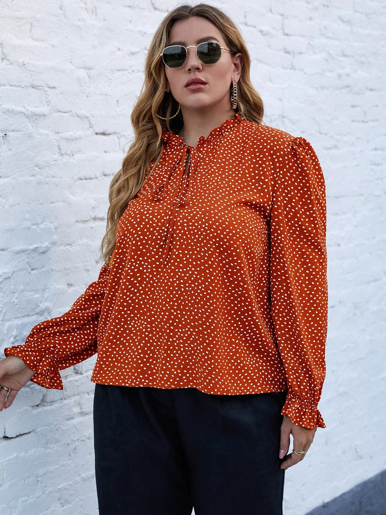 All Over Print Knot Long Sleeve Tie Neck Regular Plus Blouse