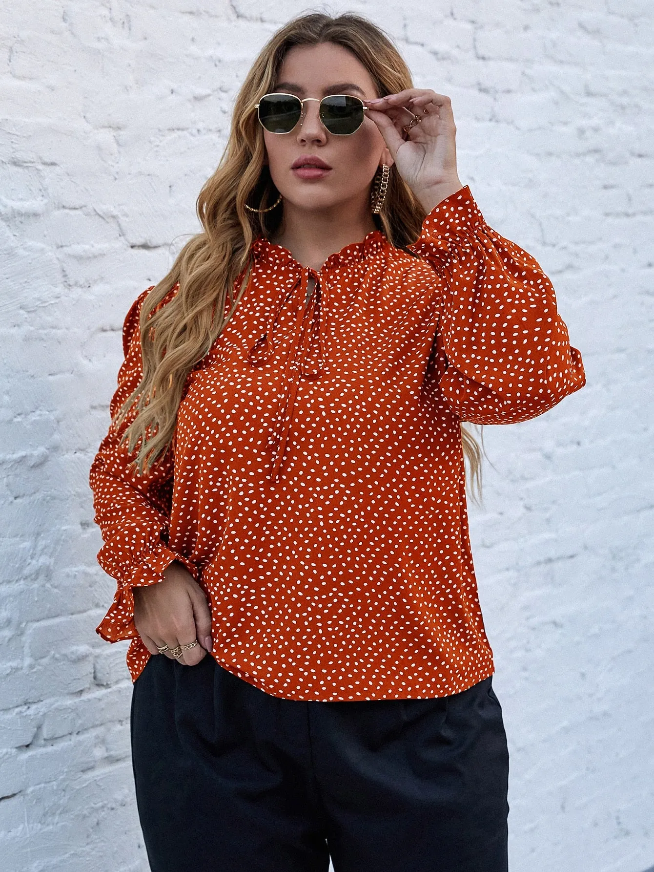 All Over Print Knot Long Sleeve Tie Neck Regular Plus Blouse