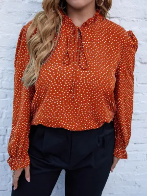 All Over Print Knot Long Sleeve Tie Neck Regular Plus Blouse