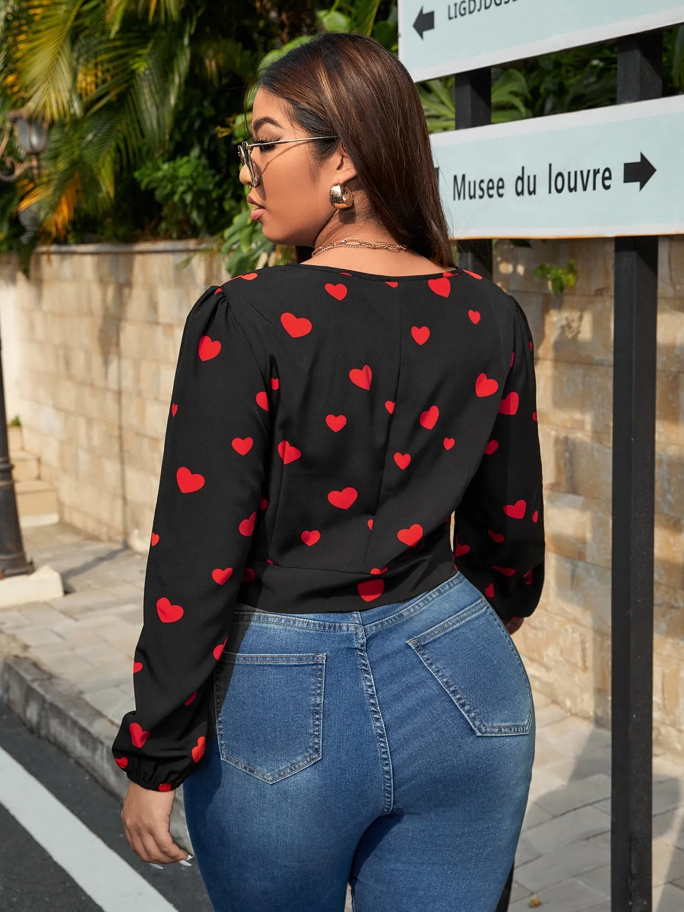 All Over Print Knot Long Sleeve V Neck Crop Plus Size Blouse