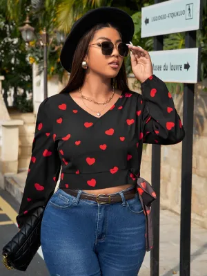 All Over Print Knot Long Sleeve V Neck Crop Plus Size Blouse