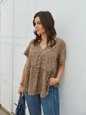 All Over Print Ruffle Hem Short Sleeve V Neck Long Plus Size Blouse