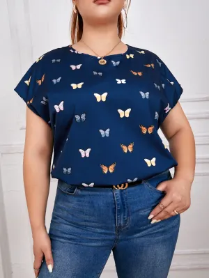 All Over Print Short Sleeve Round Neck Regular Plus Size Blouse