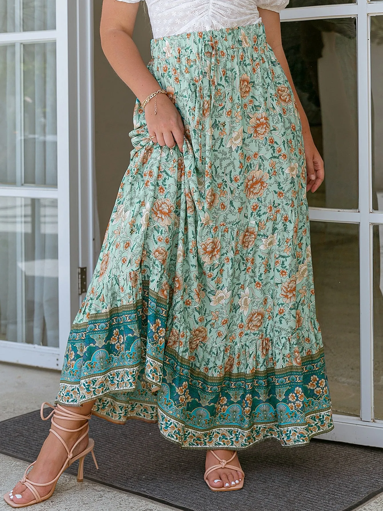 All Over Print Tie Front Maxi Plus Size Skirt