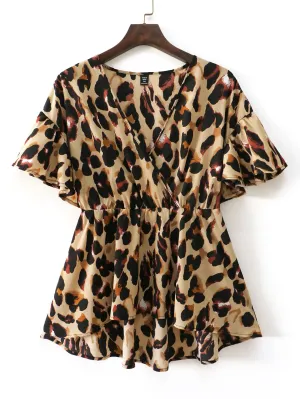 All Over Print Wrap Short Sleeve V Neck Flared Regular Plus Size Blouse