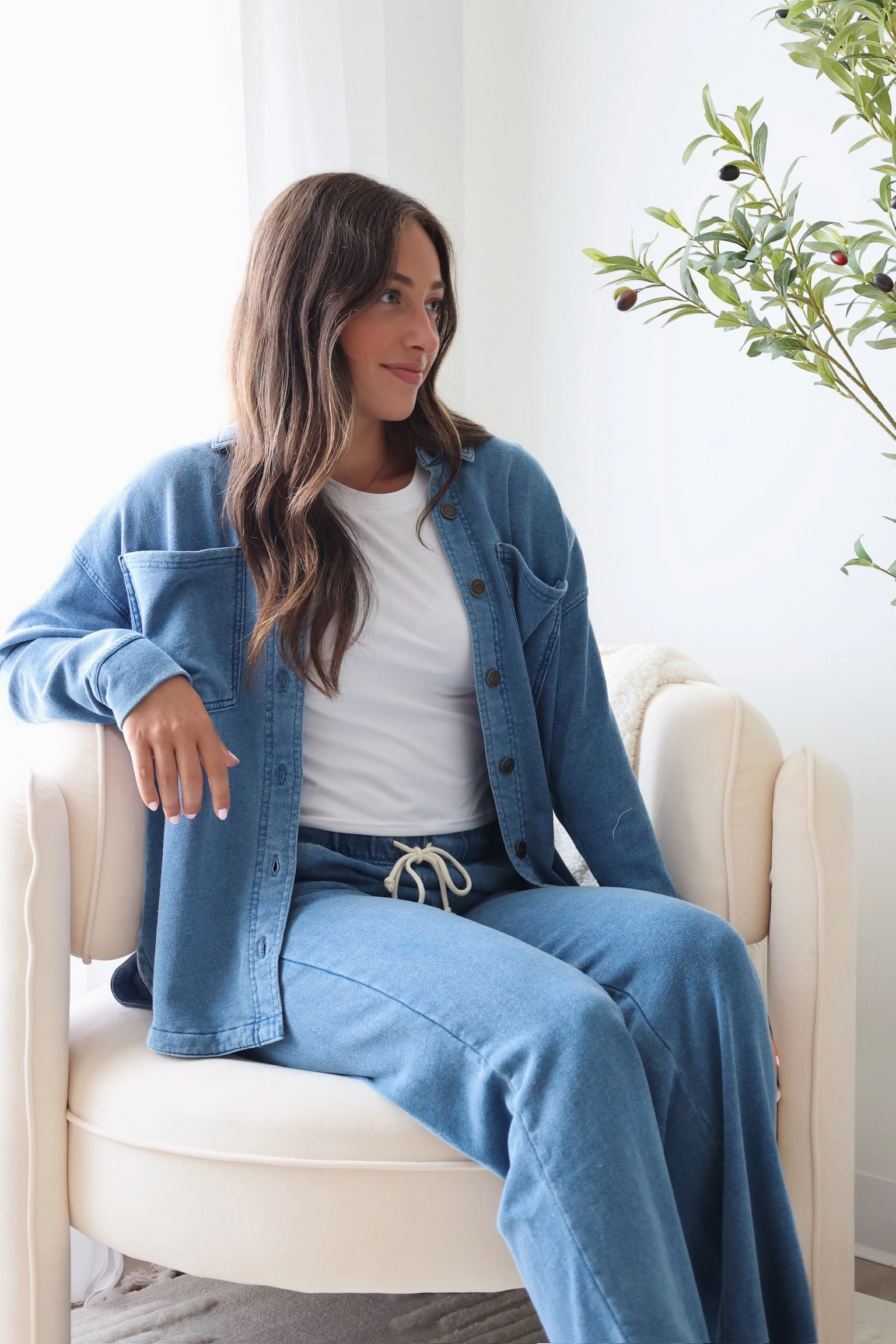 High Neck Design All Day Knit Denim Jacket - Vintage Indigo