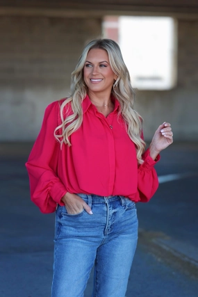 All Day Support Bubble Blouse- Raspberry Double Layered Hem Convertible Style Bubble Blouse- Raspberry