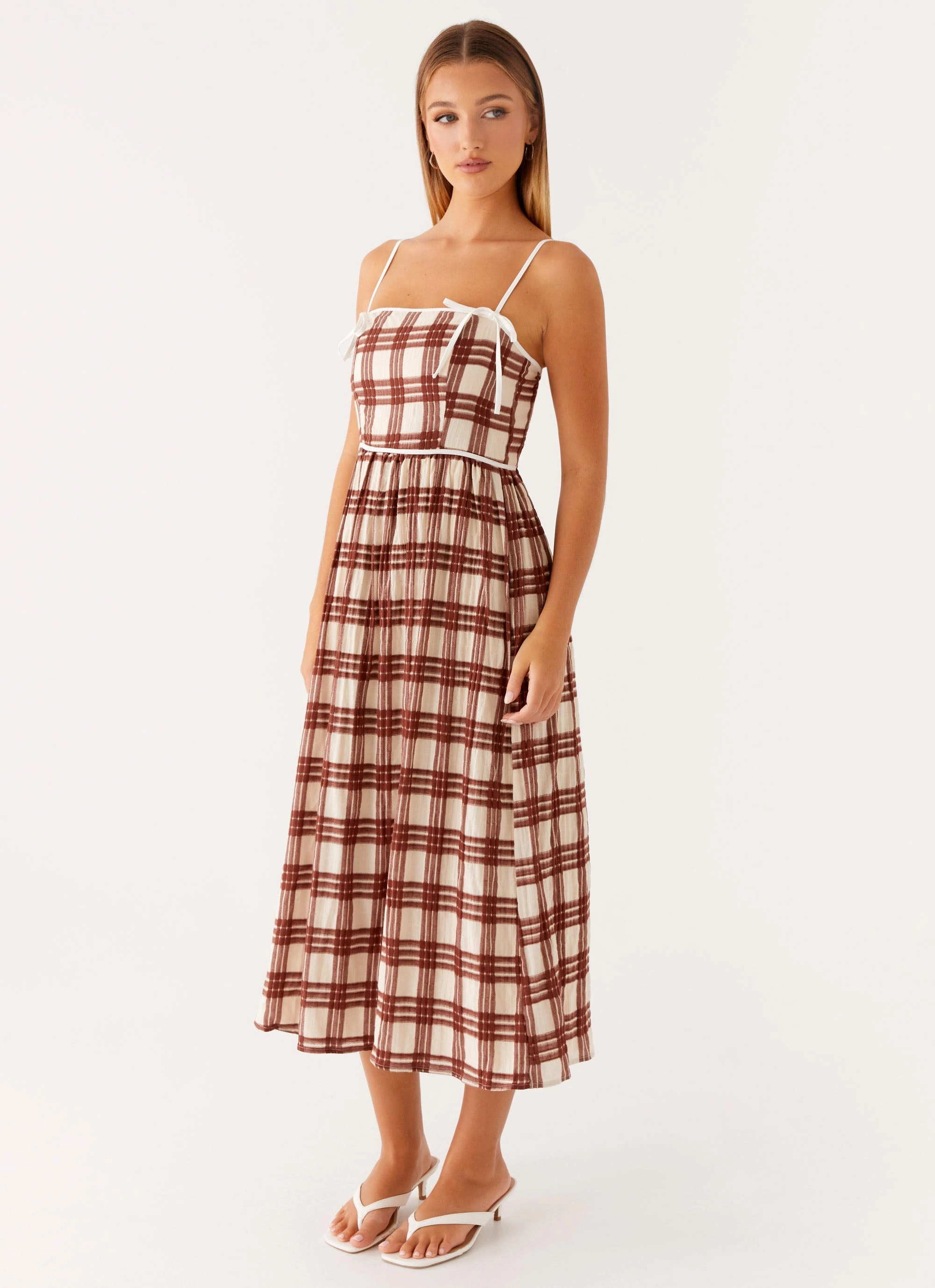 Shyanne Midi Dress - Chocolate Check Satin-Sleeve