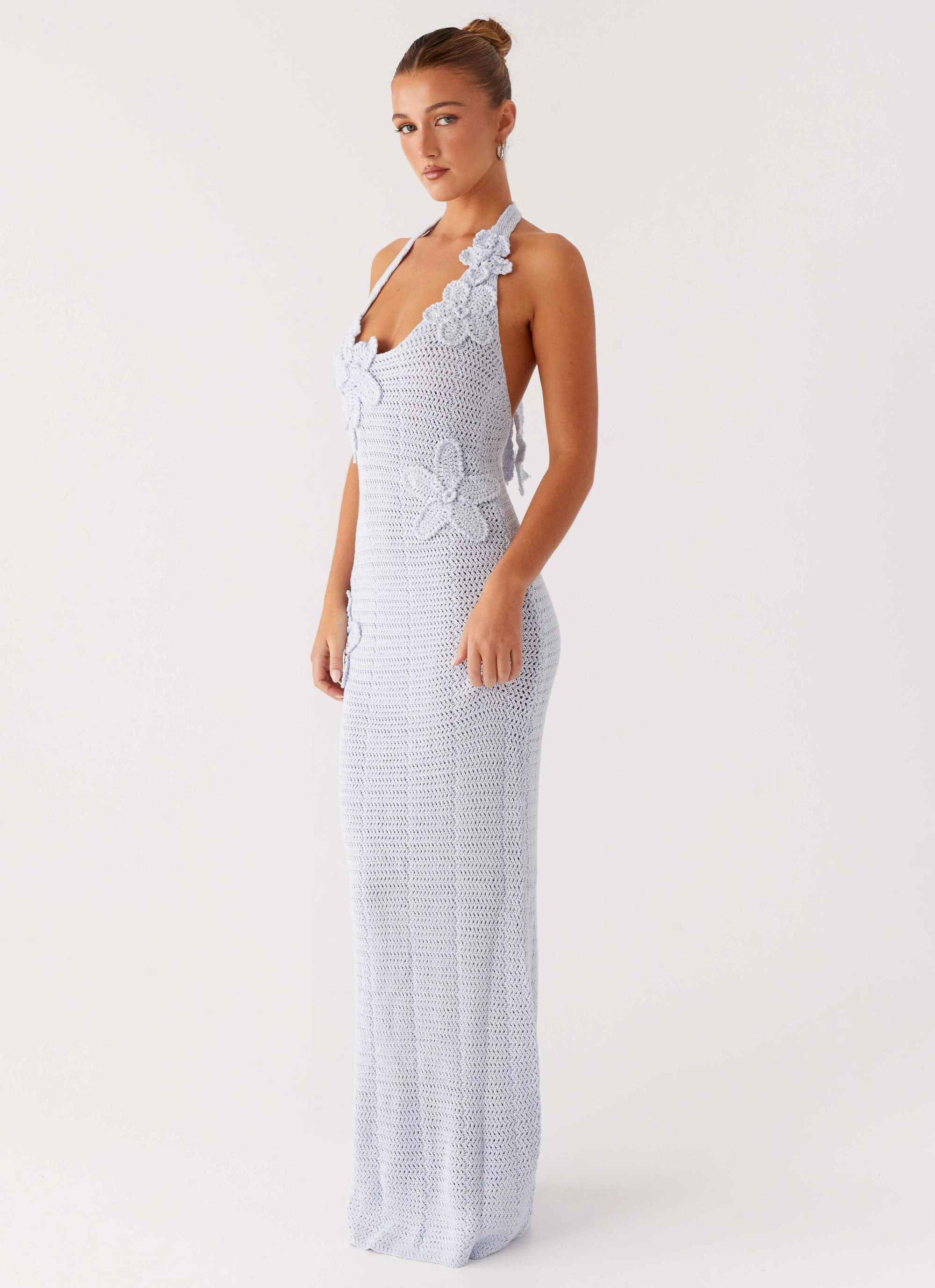 Novalee Flower Crochet Maxi Dress - Blue Satin Finish Year Rounder