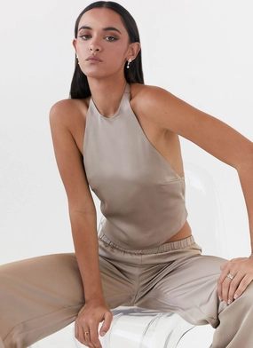 SoftTouchFinish Bree Satin Halterneck Top - Mushroom