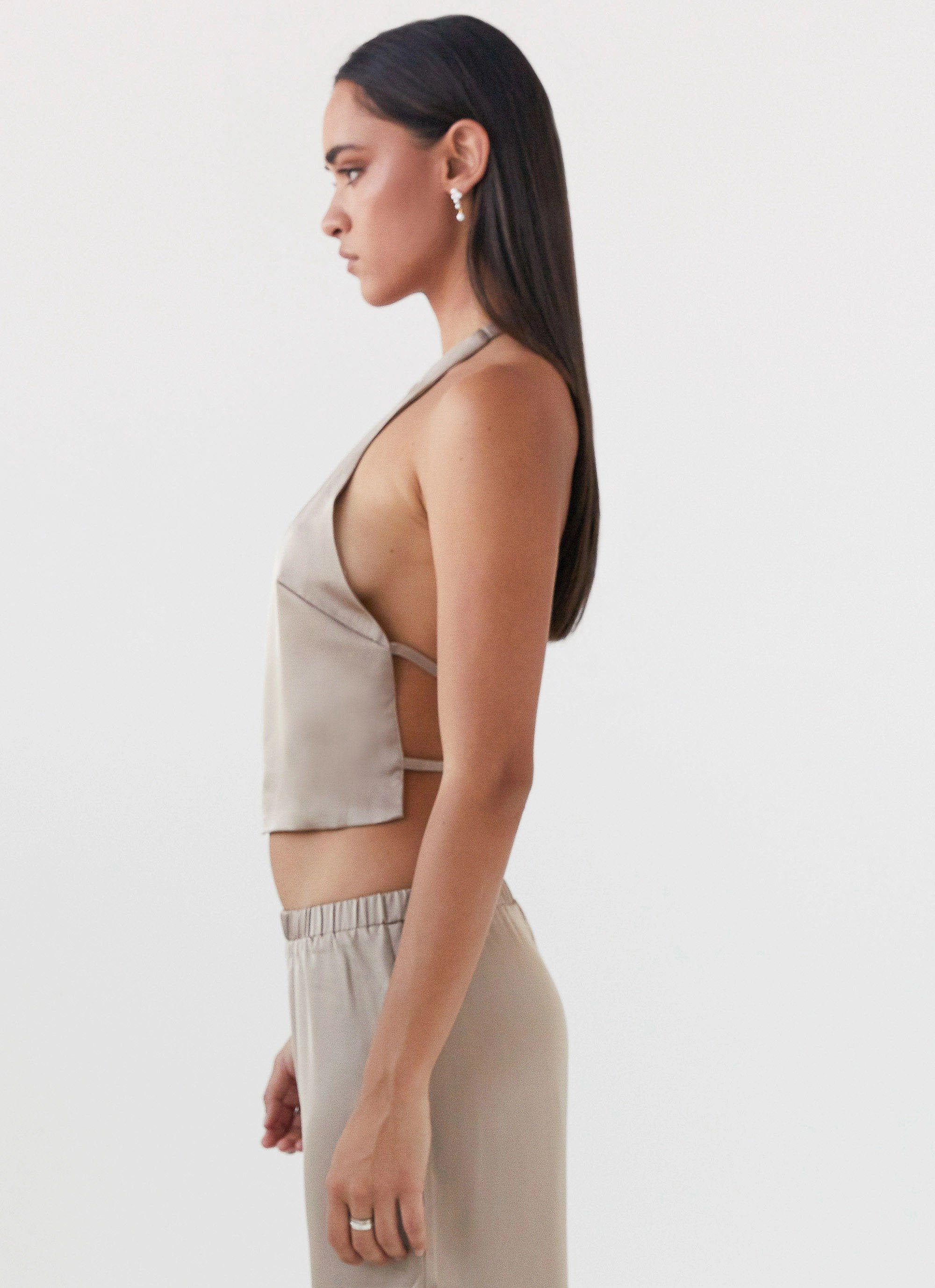 Bree Satin Halterneck Top - Mushroom LoopwheelFabric