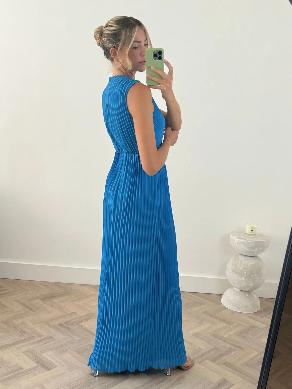 Alma Cut Out Pleated Dress in Blue Sleeve Light