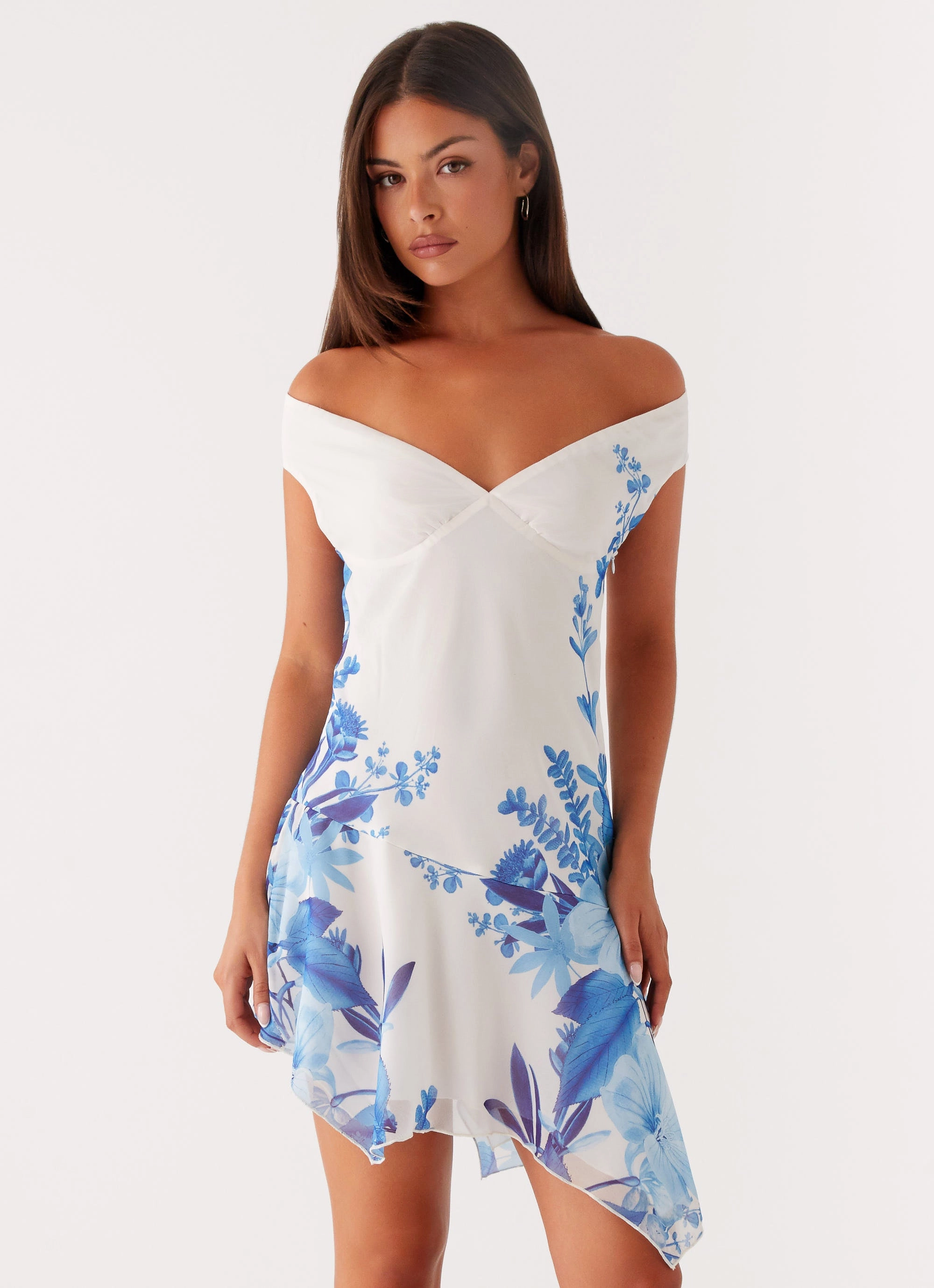 Alma Mini Dress - Blue Floral Print Cool Draping