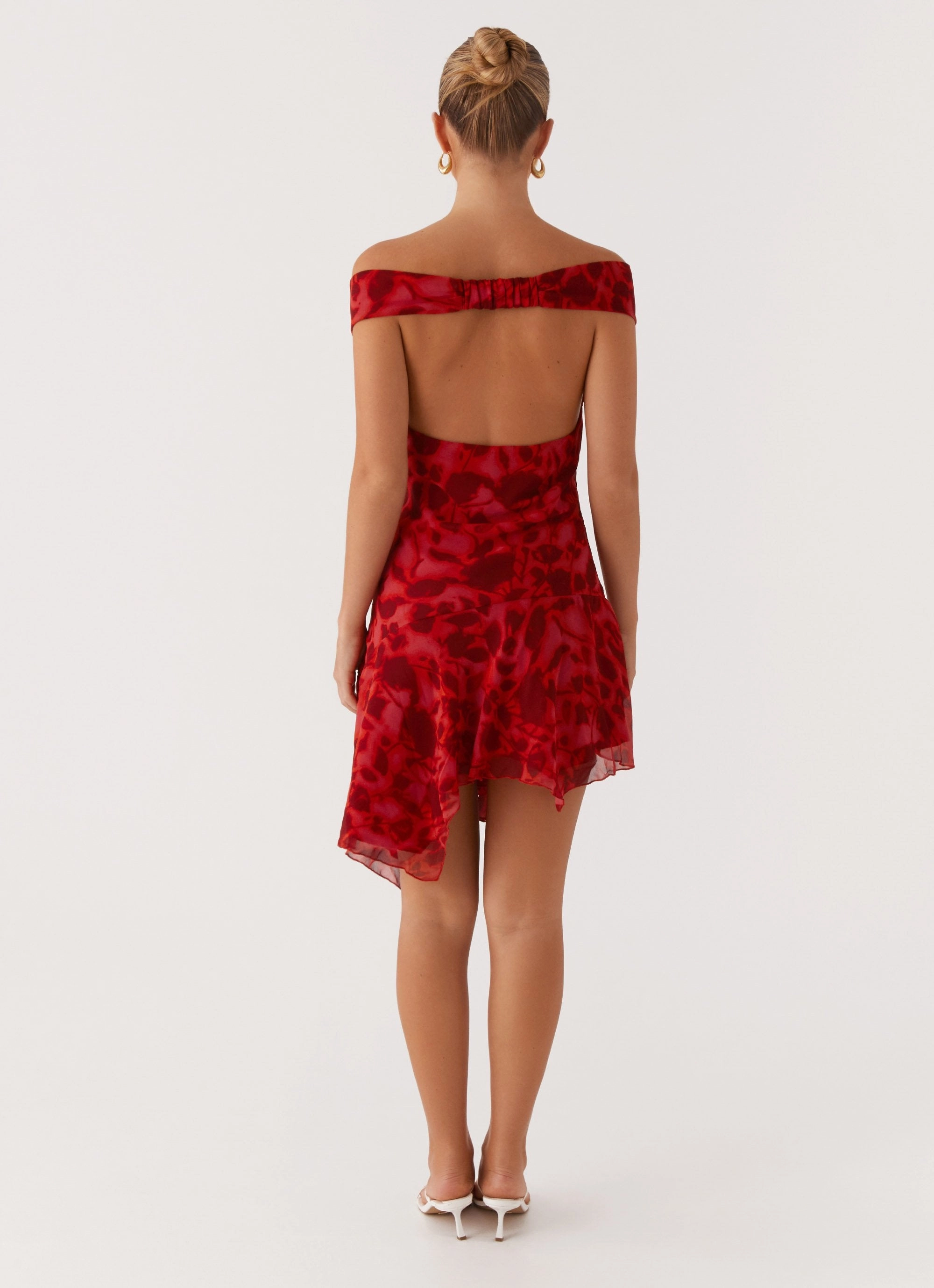 Alma Mini Dress - Deep Red Floral Satin-Finish