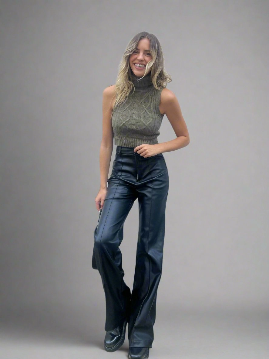 Alyssa PU Flare Trouser / Black PU Versatile Fashion