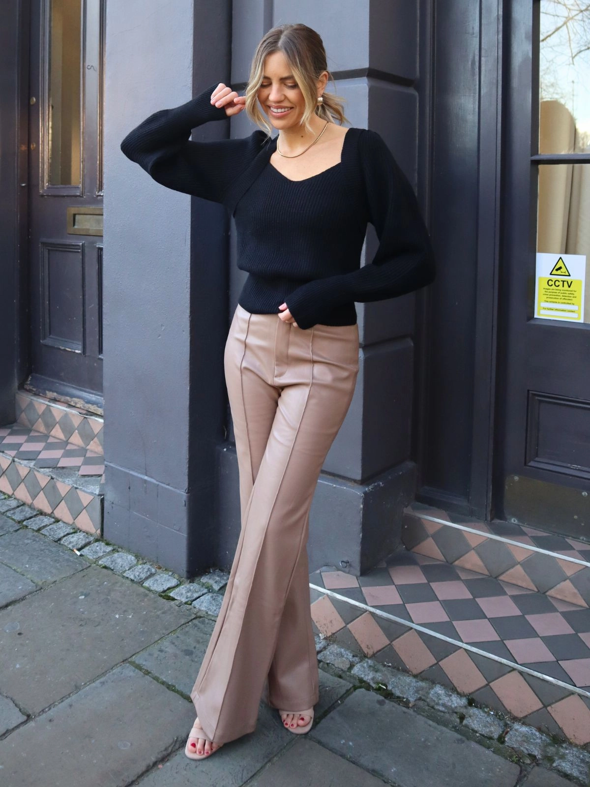 Streetwear vibe Comfort Waist Alyssa PU Flare Trouser / Camel