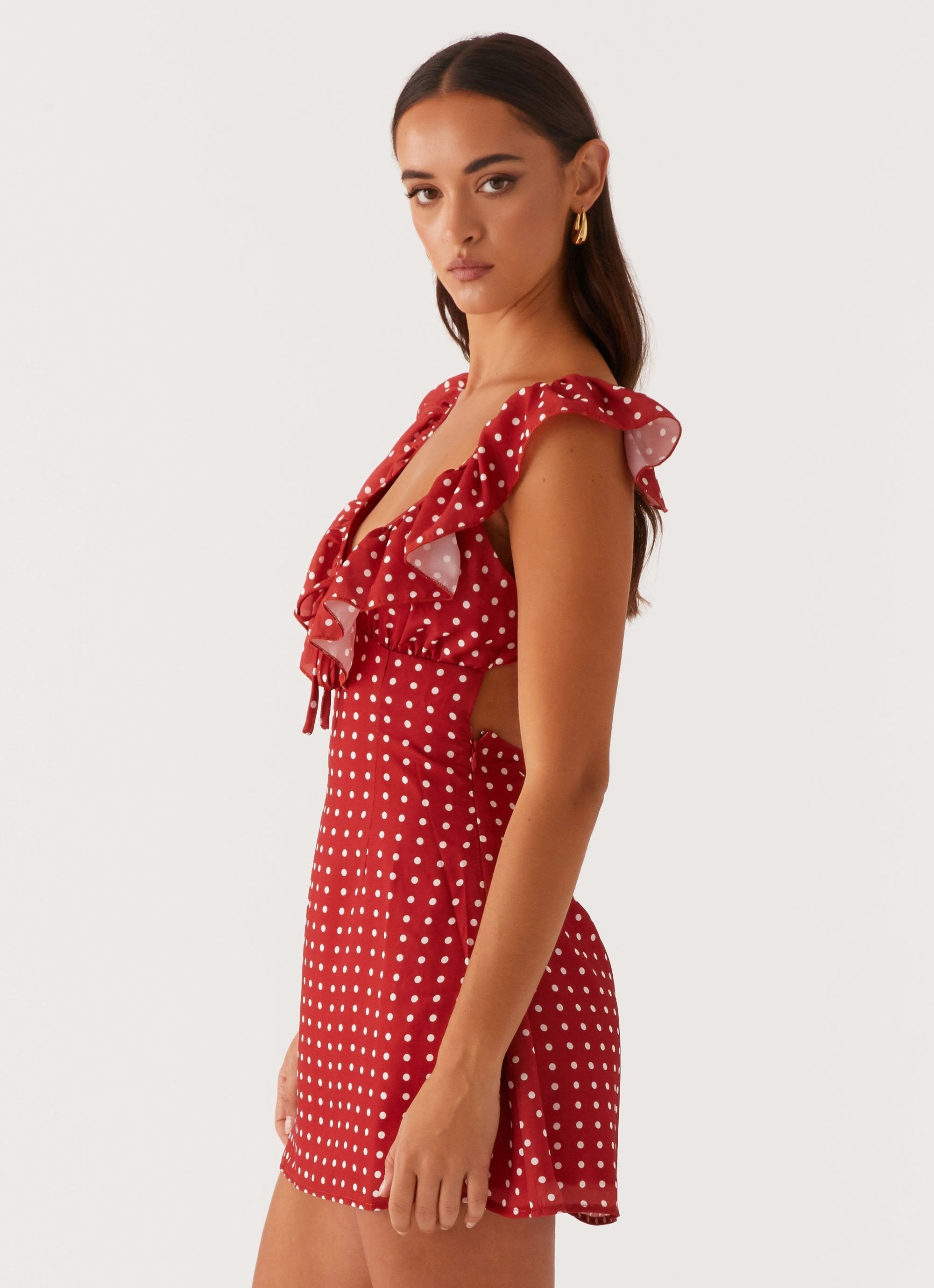 Elegant Waist Design Adrina Ruffle Mini Dress - Red Polka Dot