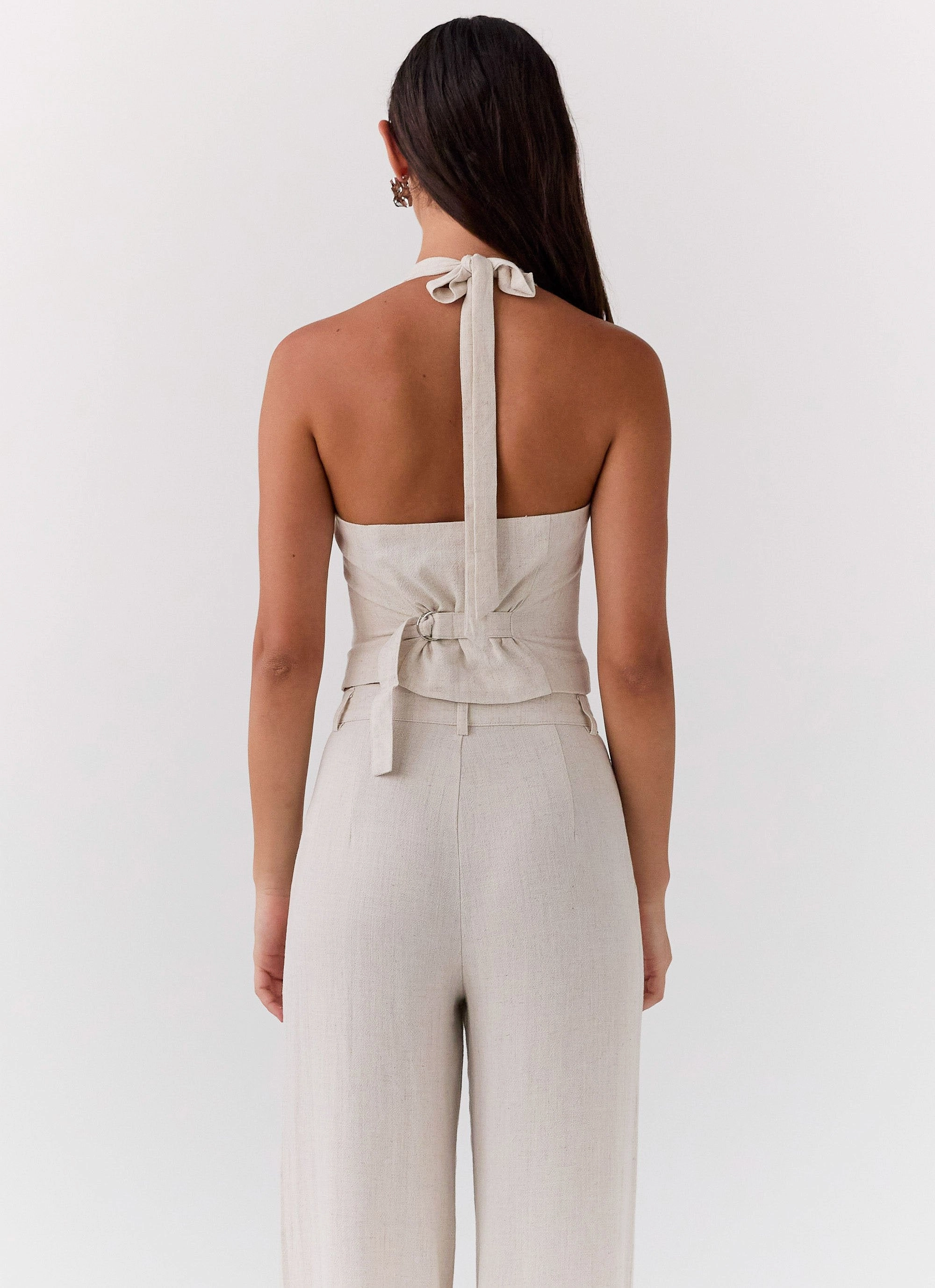 Ambrosa Halterneck Linen Vest - Oatmeal Wrinkle Resistant Heat Regulating Fabric