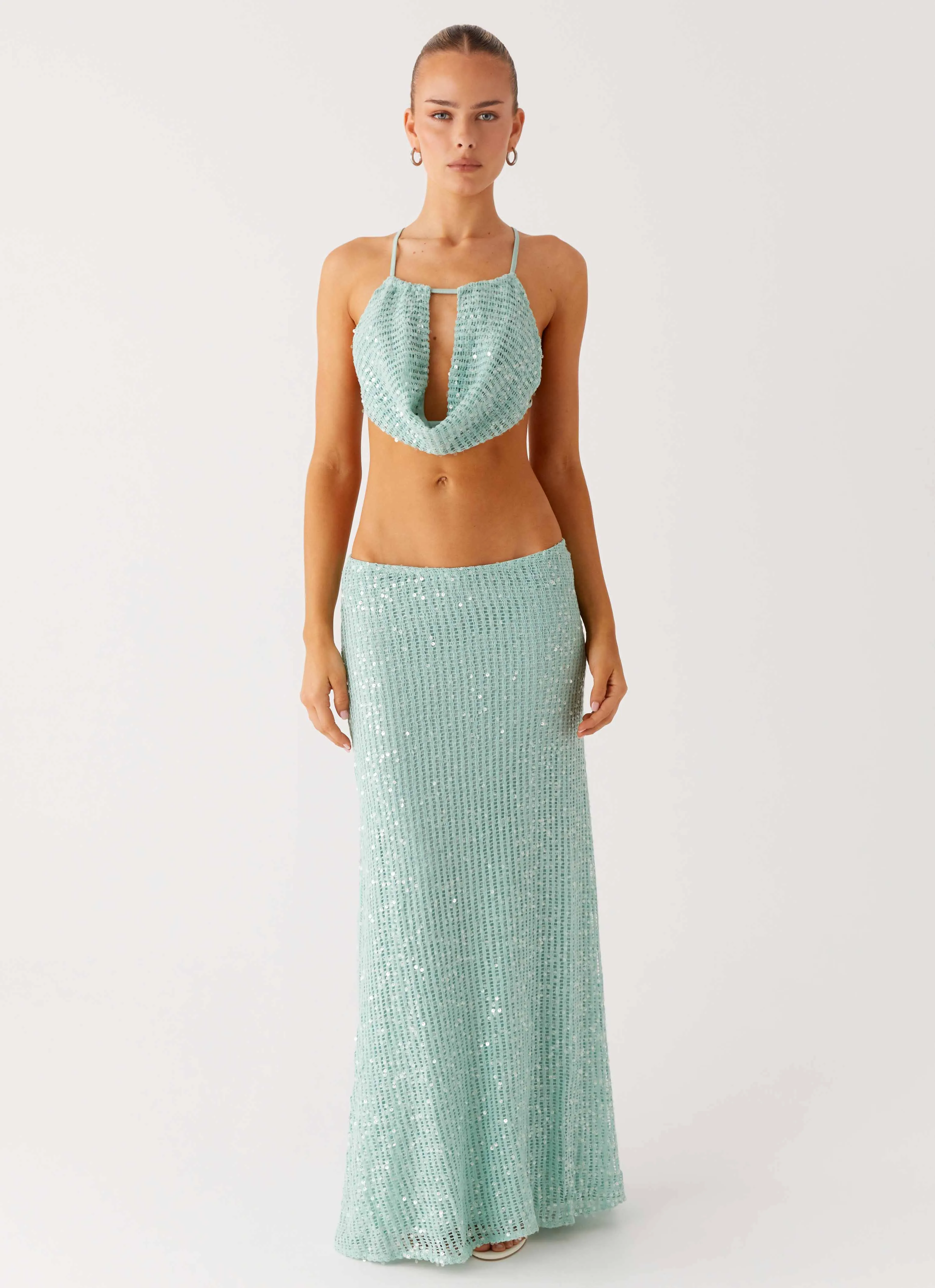 Low Maintenance Fabric Amoura Sequin Low Rise Maxi Skirt - Mint Sage