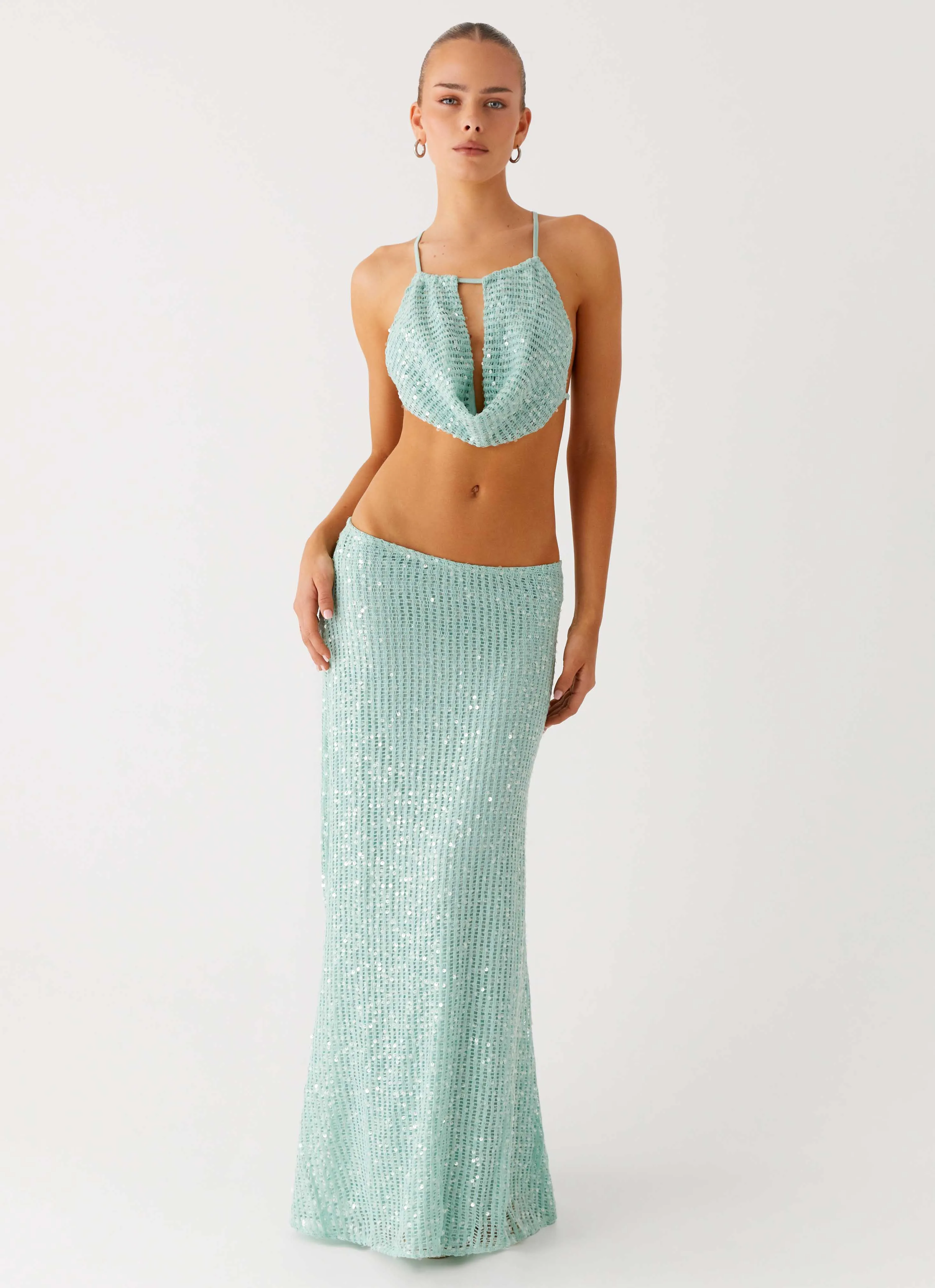Subtle Detail High Shine Amoura Sequin Low Rise Maxi Skirt - Mint Sage