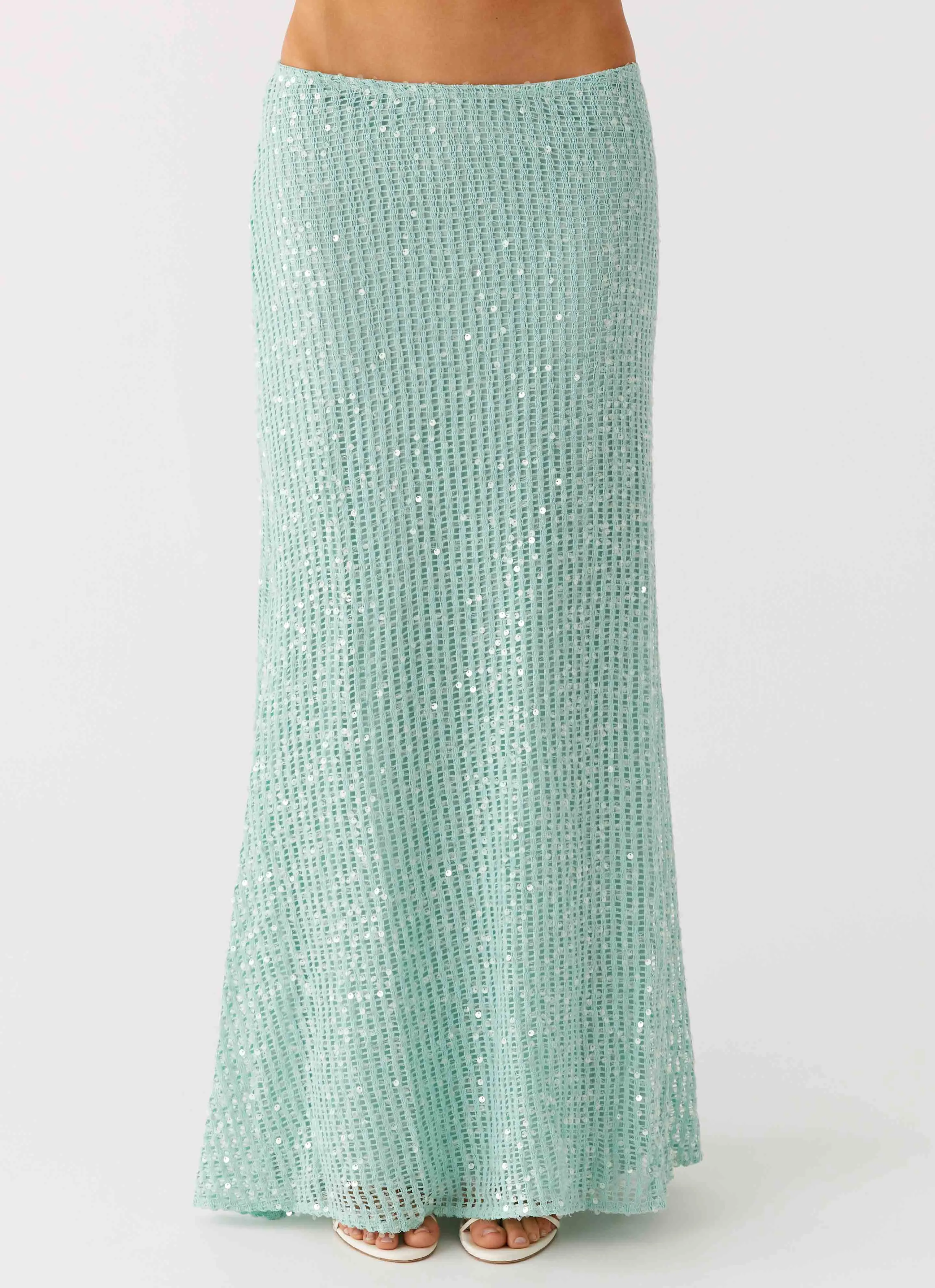Laidback Style Easy Combo Amoura Sequin Low Rise Maxi Skirt - Mint Sage