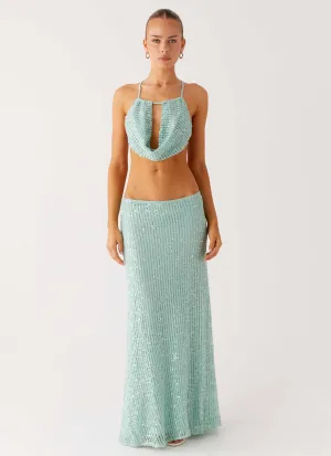 Low Maintenance Fabric Amoura Sequin Low Rise Maxi Skirt - Mint Sage