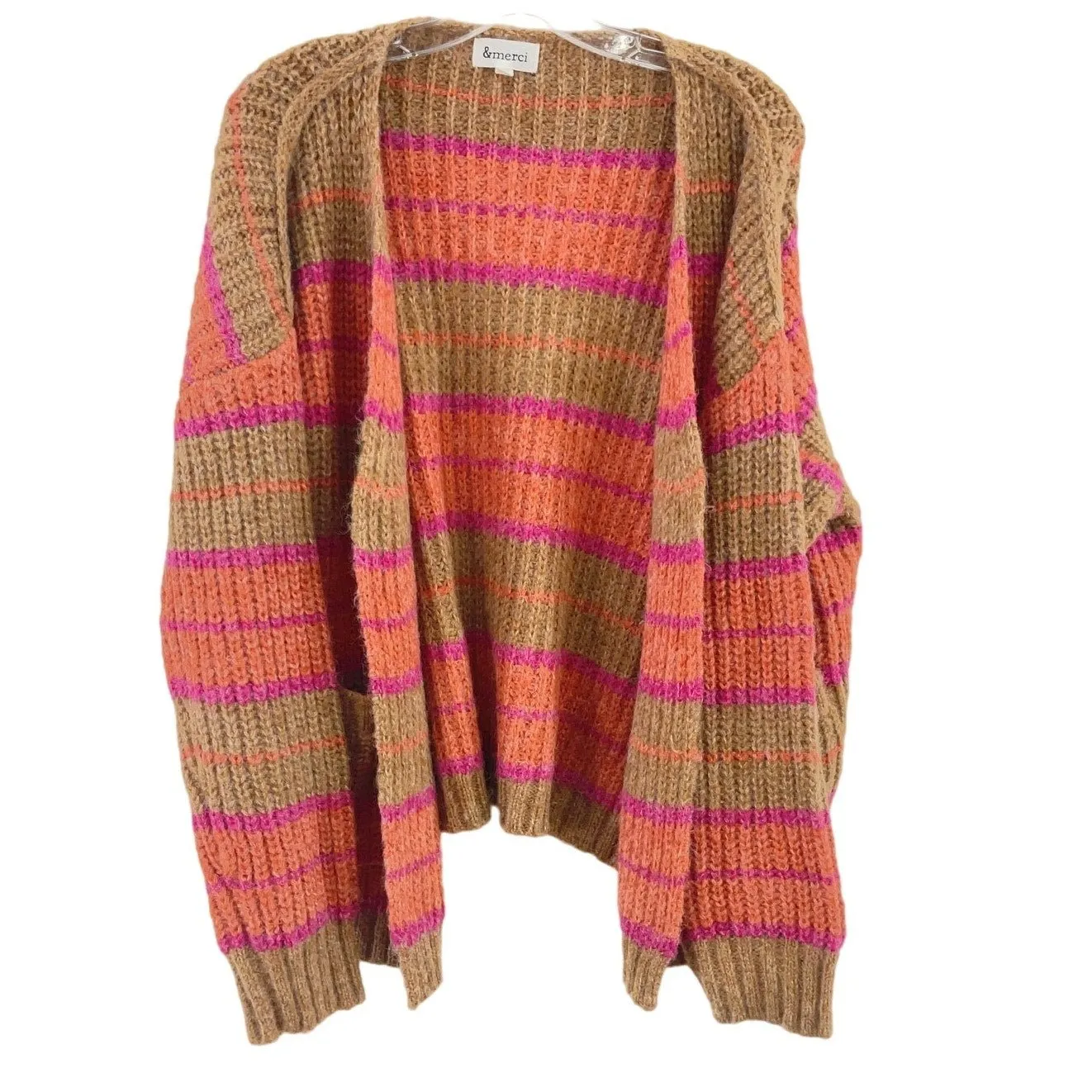 &merci Women's Brown/Orange Striped Open Front Cardigan Sweater Size M
