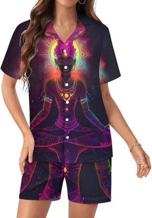 An Ancient Being Meditating Satin Pajamas For Women Set Botton Down Short Sleeves Silk Sleepwear