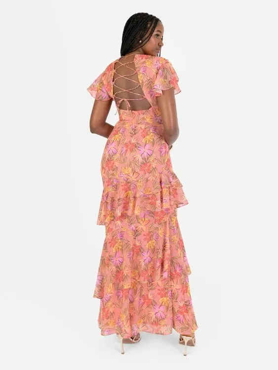 Anaya With Love Recycled Floral Lace Up Back Chiffon Maxi Dress