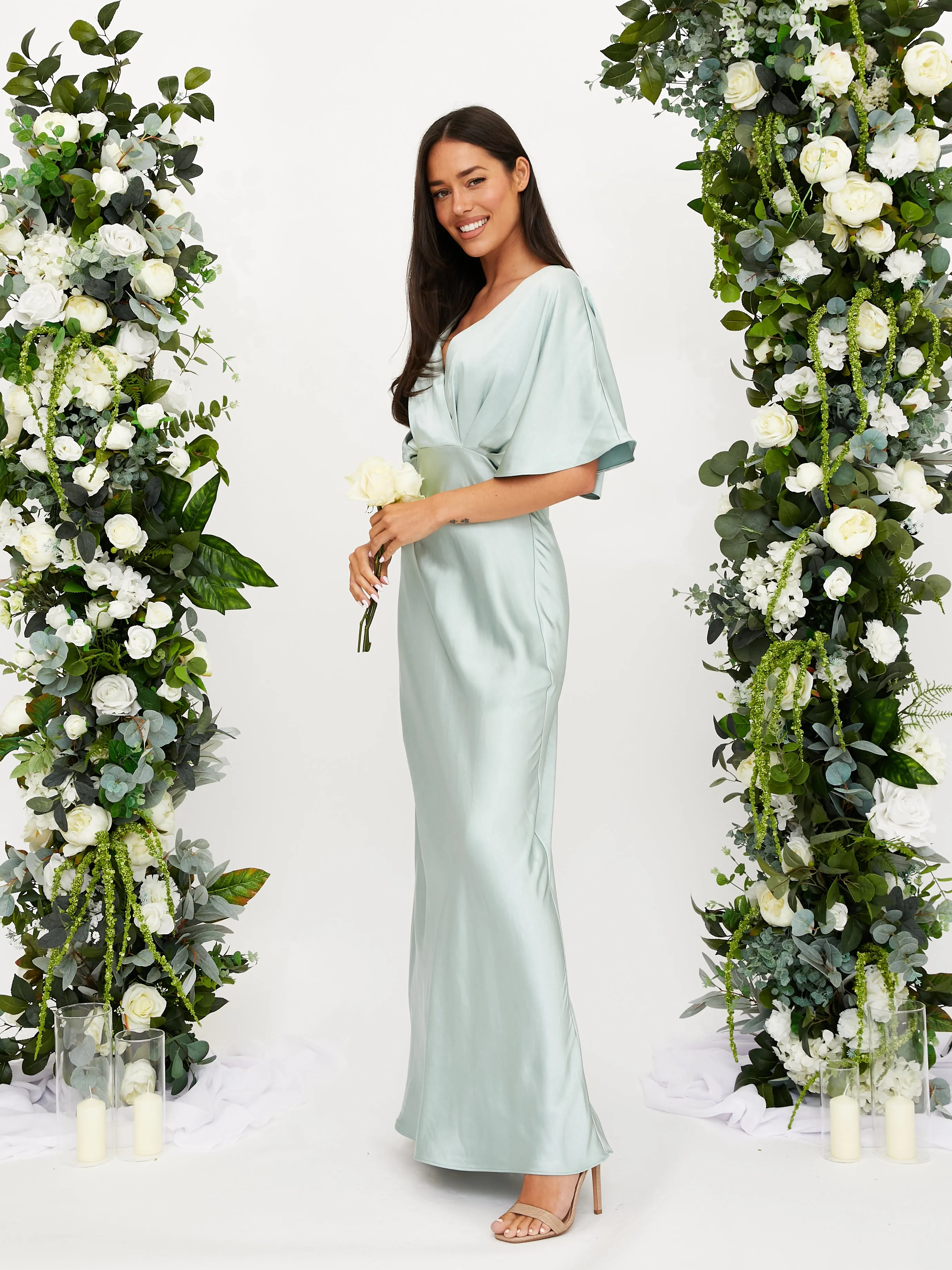Cool Finish Elegant formal piece Angel Sleeve Maxi Satin Dress / Sage