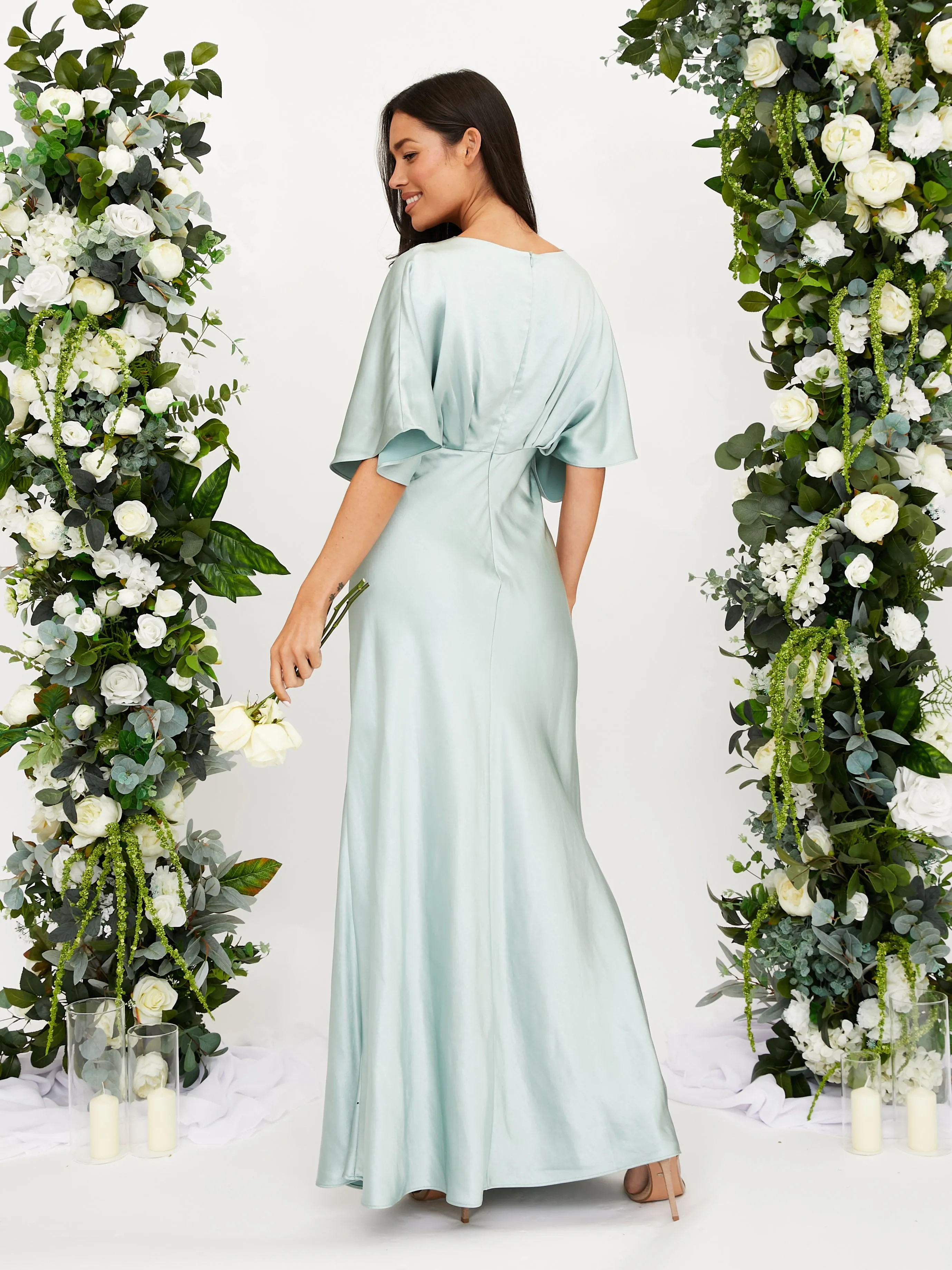 soft look Angel Sleeve Maxi Satin Dress / Sage