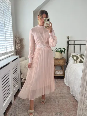 Angelina High Neck Pleated Dress / Blush Pretty Sets Style Ease Soft Volume Angelina High Neck Pleated Dress / Blush