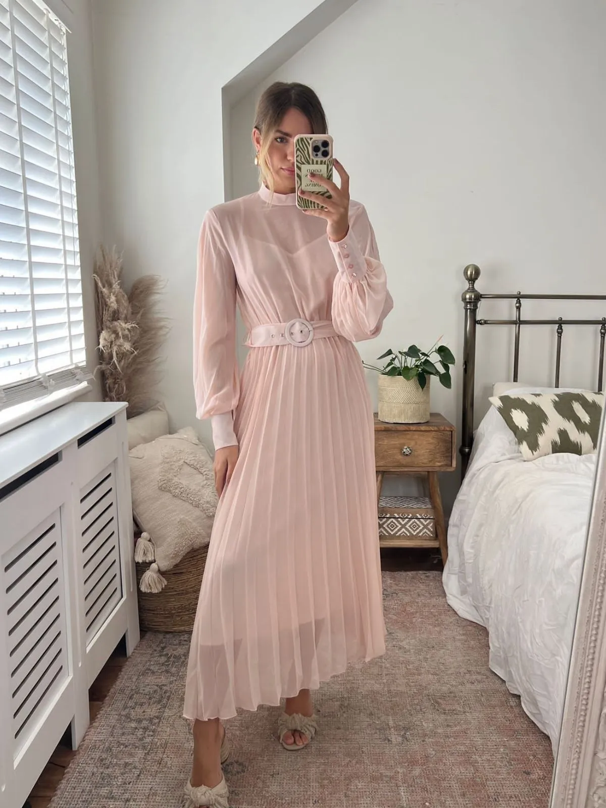 Polished Finish Angelina High Neck Pleated Dress / Blush