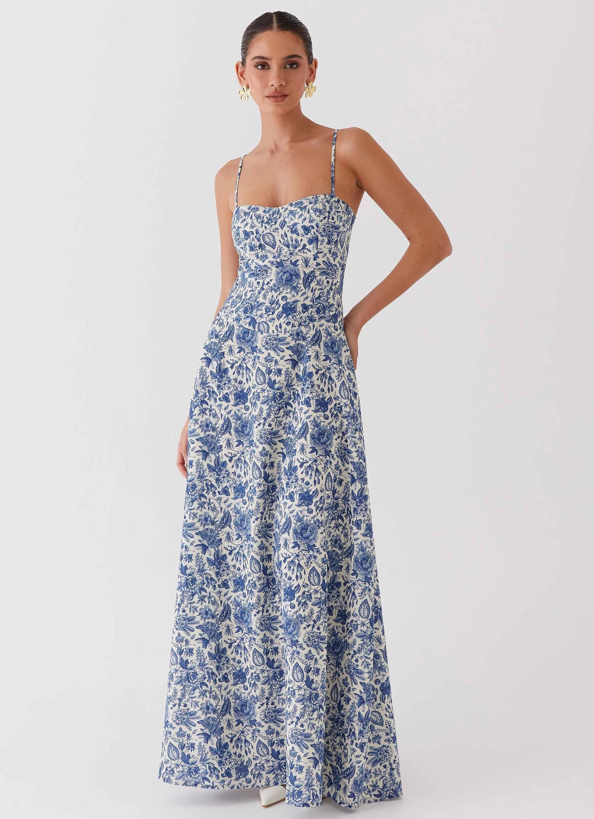 sweet moment Angelina Linen Maxi Dress - Blue Paisley