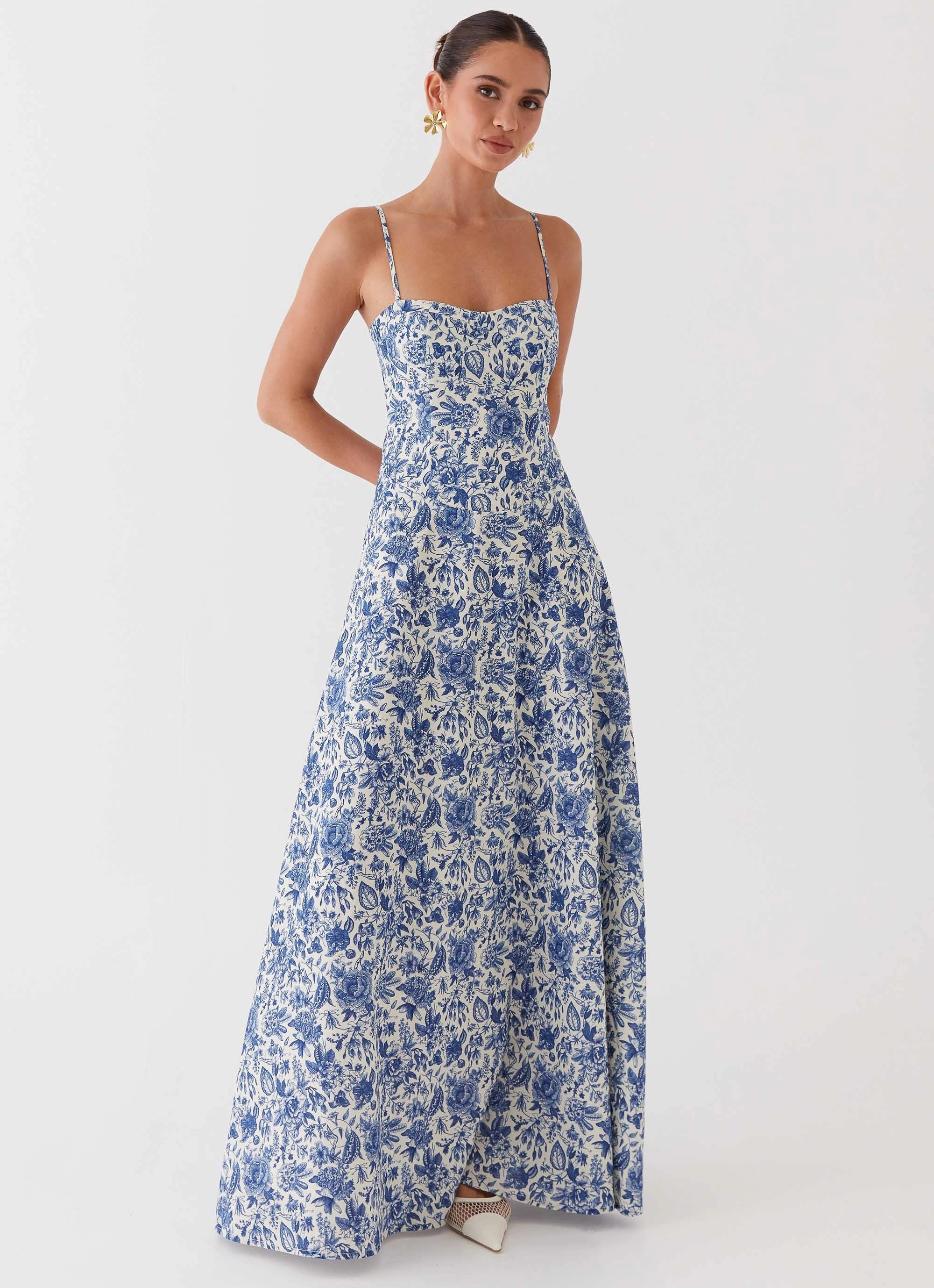 Angelina Linen Maxi Dress - Blue Paisley Balanced Texture Everyday Layers