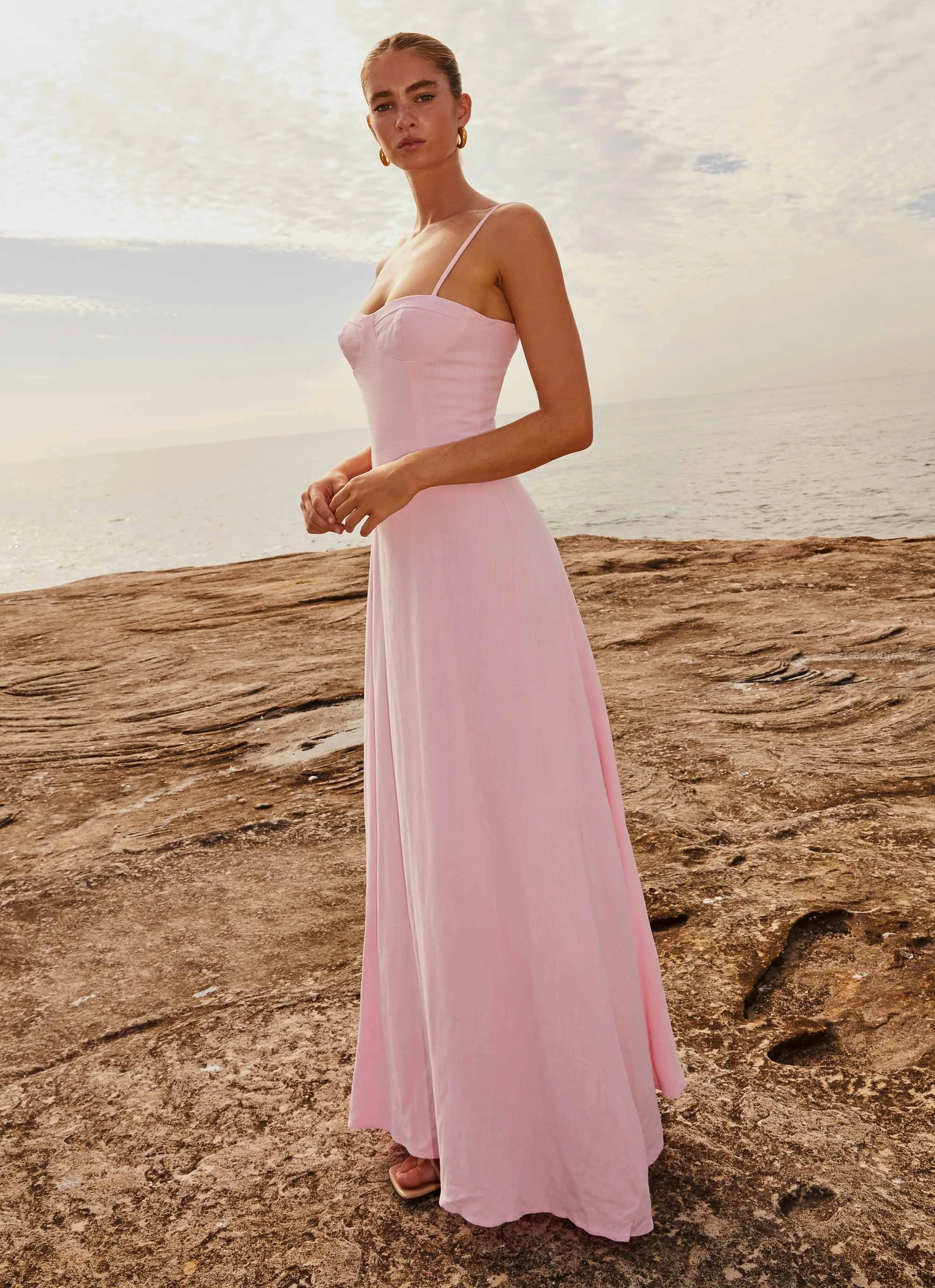 Angelina Linen Maxi Dress - Pink Petal Bell-Sleeve Fluid Fabric