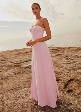 Angelina Linen Maxi Dress - Pink Petal Bell-Sleeve Fluid Fabric
