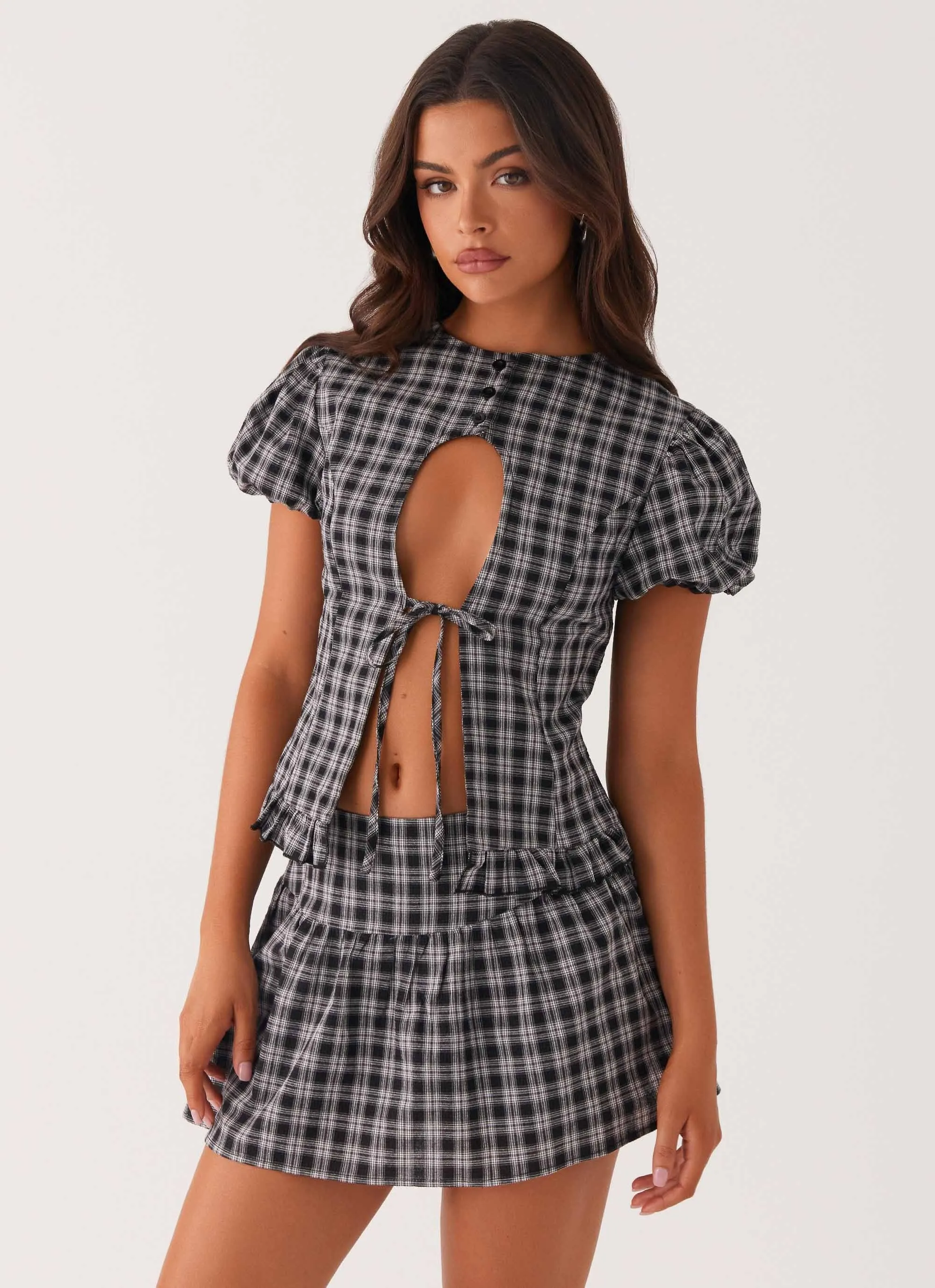 Annie Mini Skirt - White Black Check Soft Texture