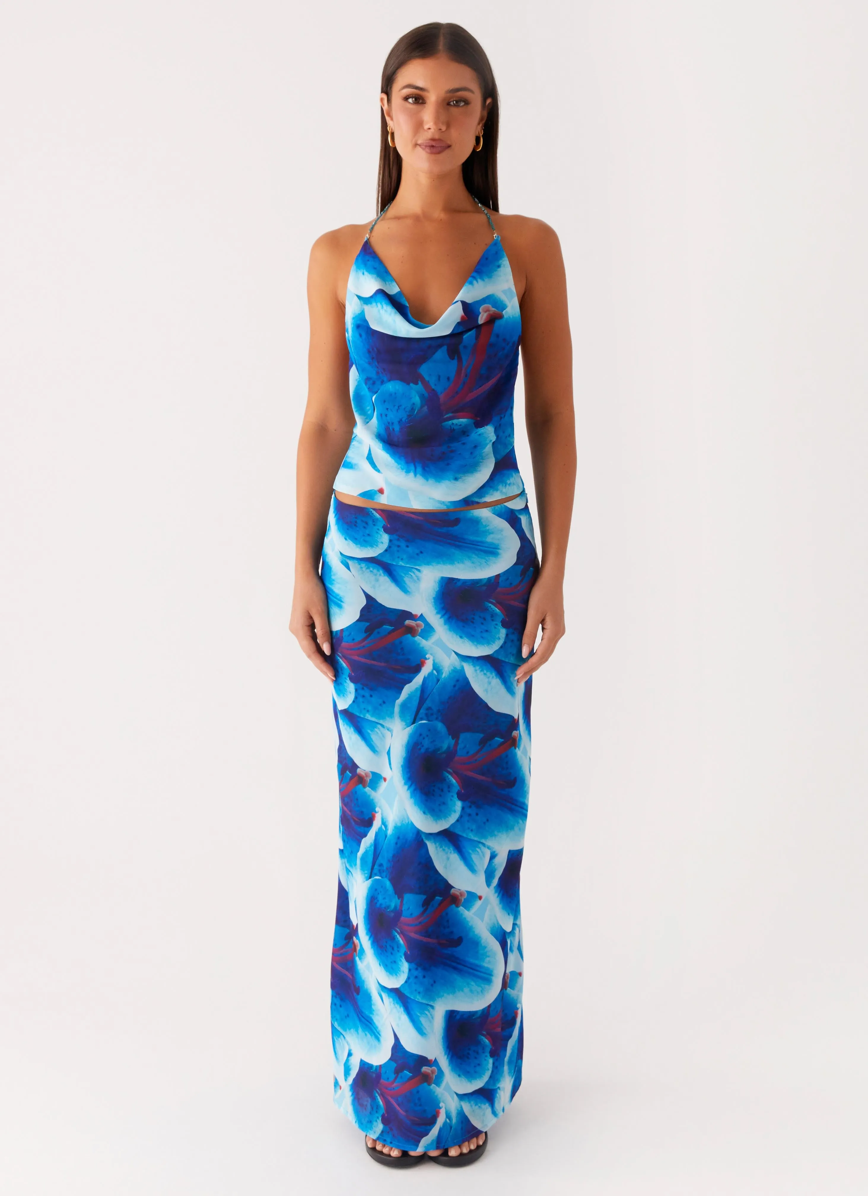 High low hem perforated design Another Life Chiffon Maxi Skirt - Turquoise Floral