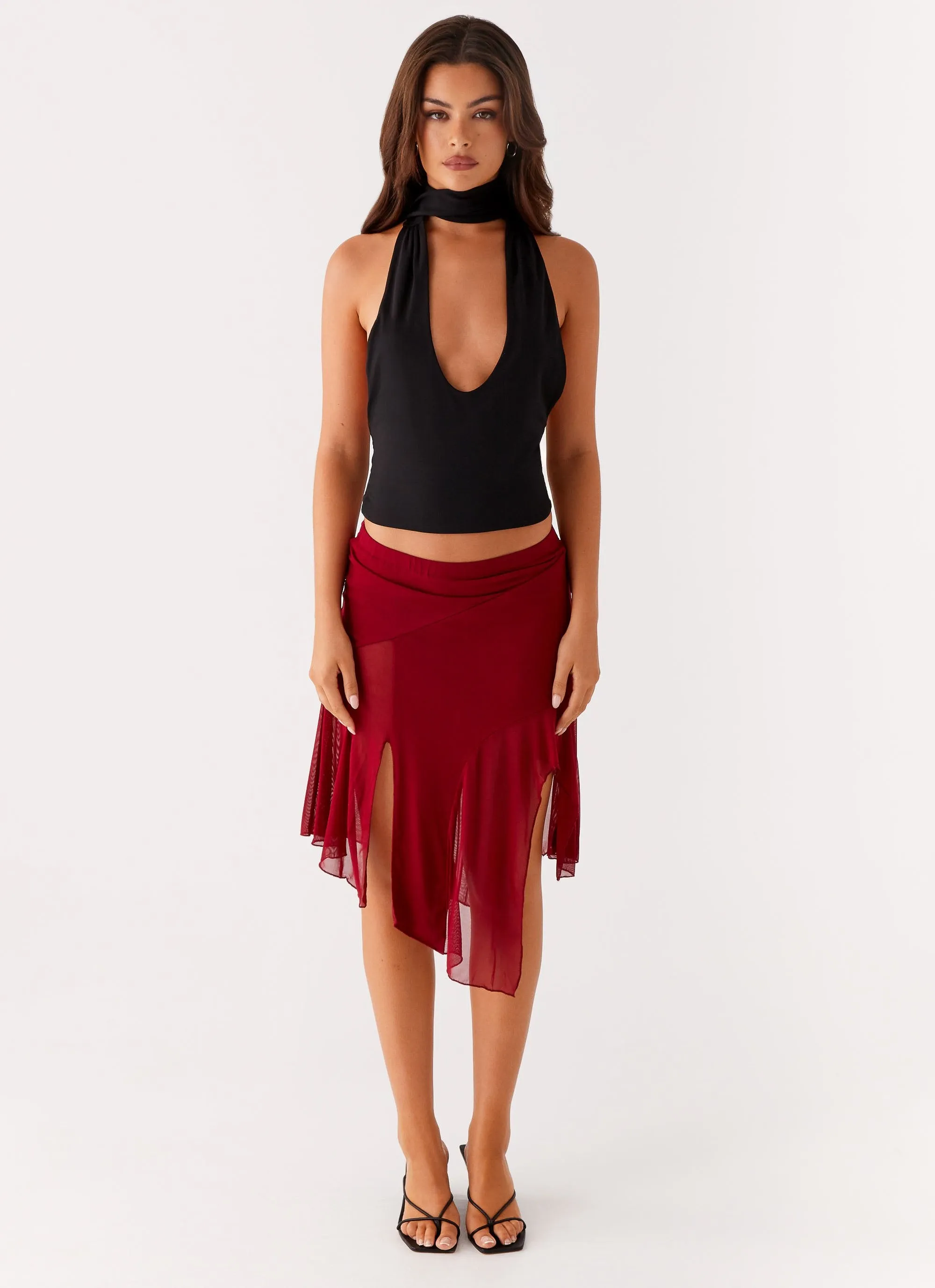 Anthea Mesh Midi Skirt - Red Autumn Stroll
