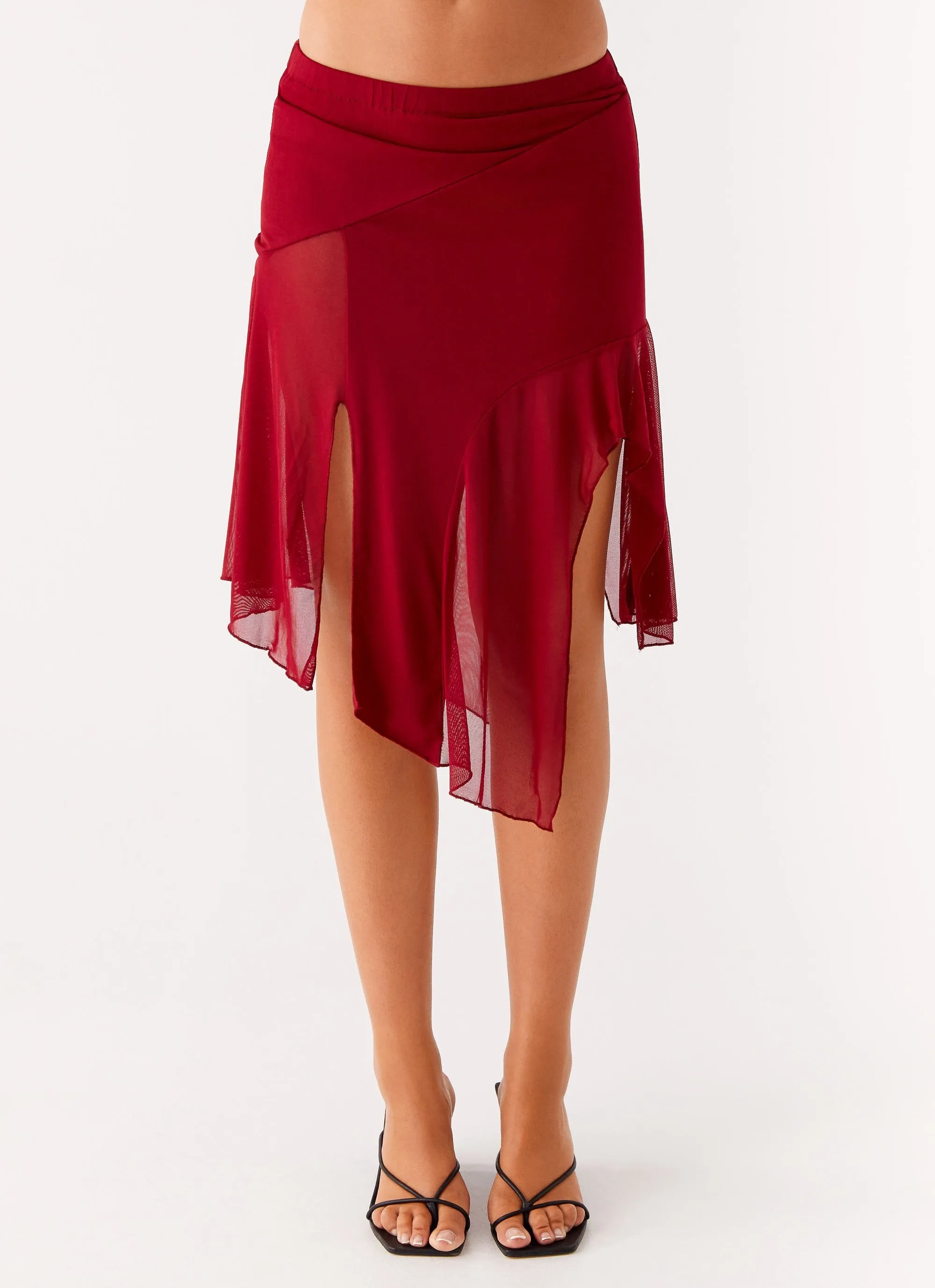 Anthea Mesh Midi Skirt - Red Reinforced Hems Breezy Flow