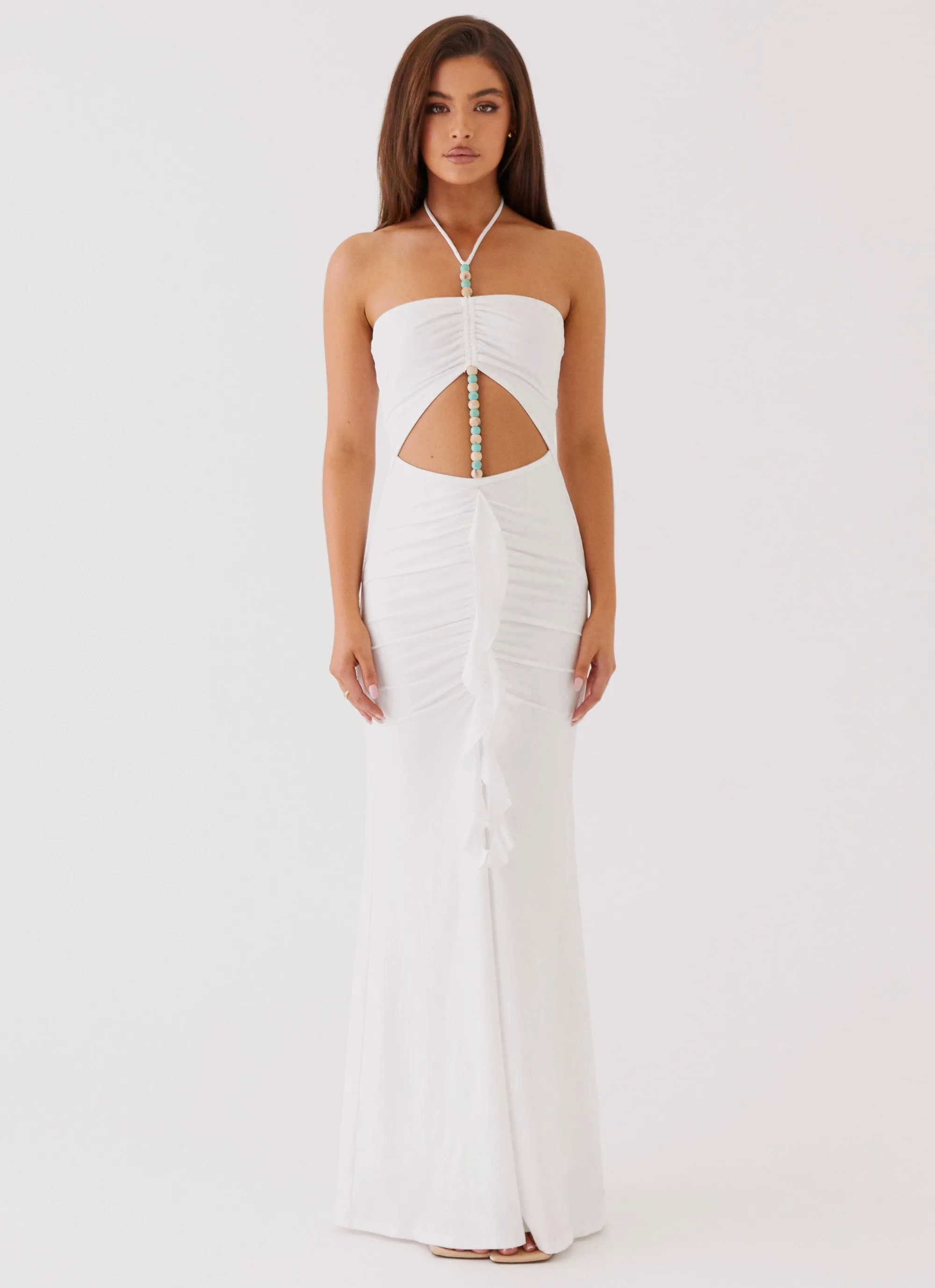 Serina Ruffle Maxi Dress - White Flatlock stitching Multipurpose Layering Fabric