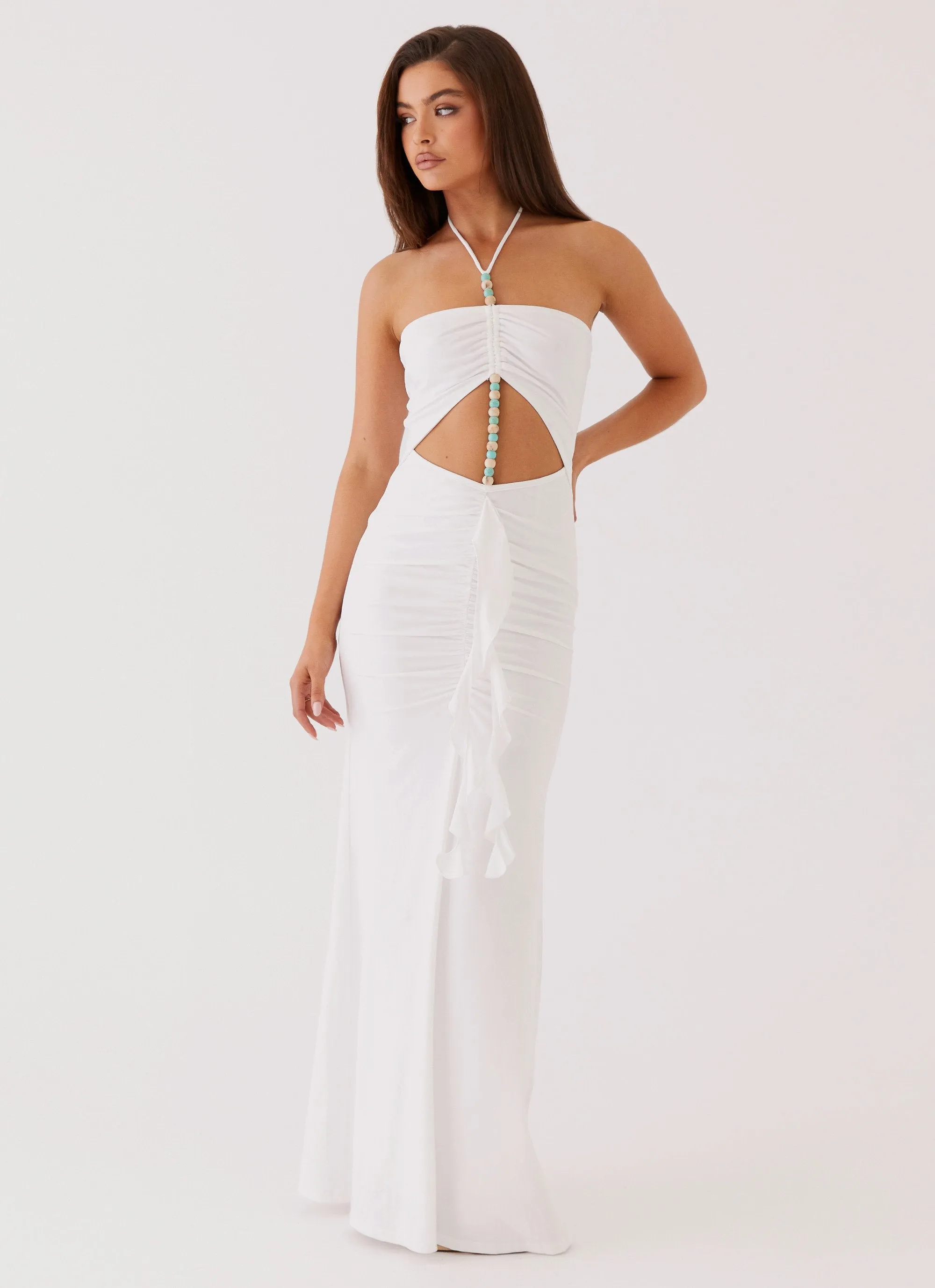 Serina Ruffle Maxi Dress - White Flexible Mobility Winter Comfort