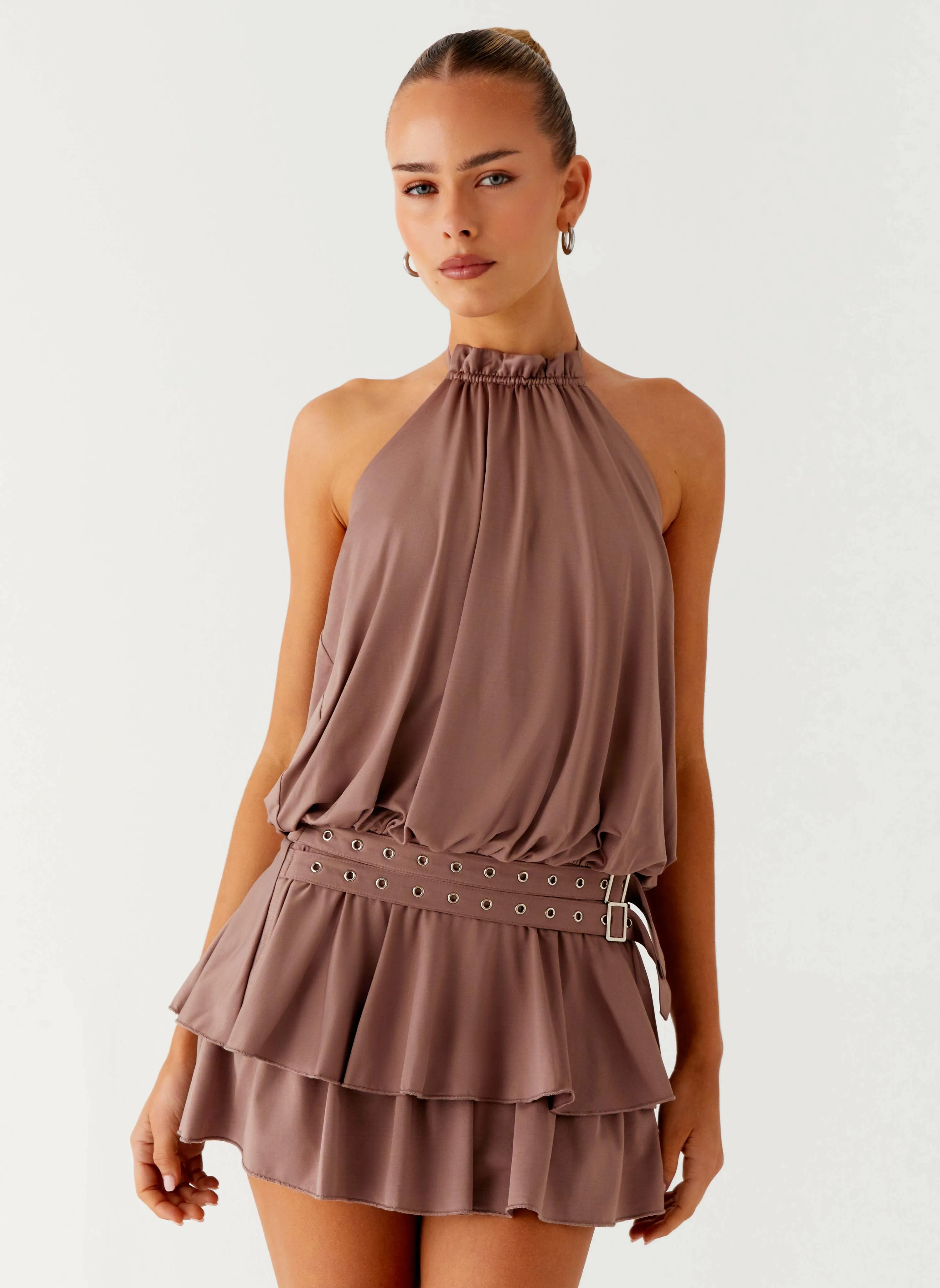 Dopamine Belt Mini Dress - Taupe Ergonomic Back Panel