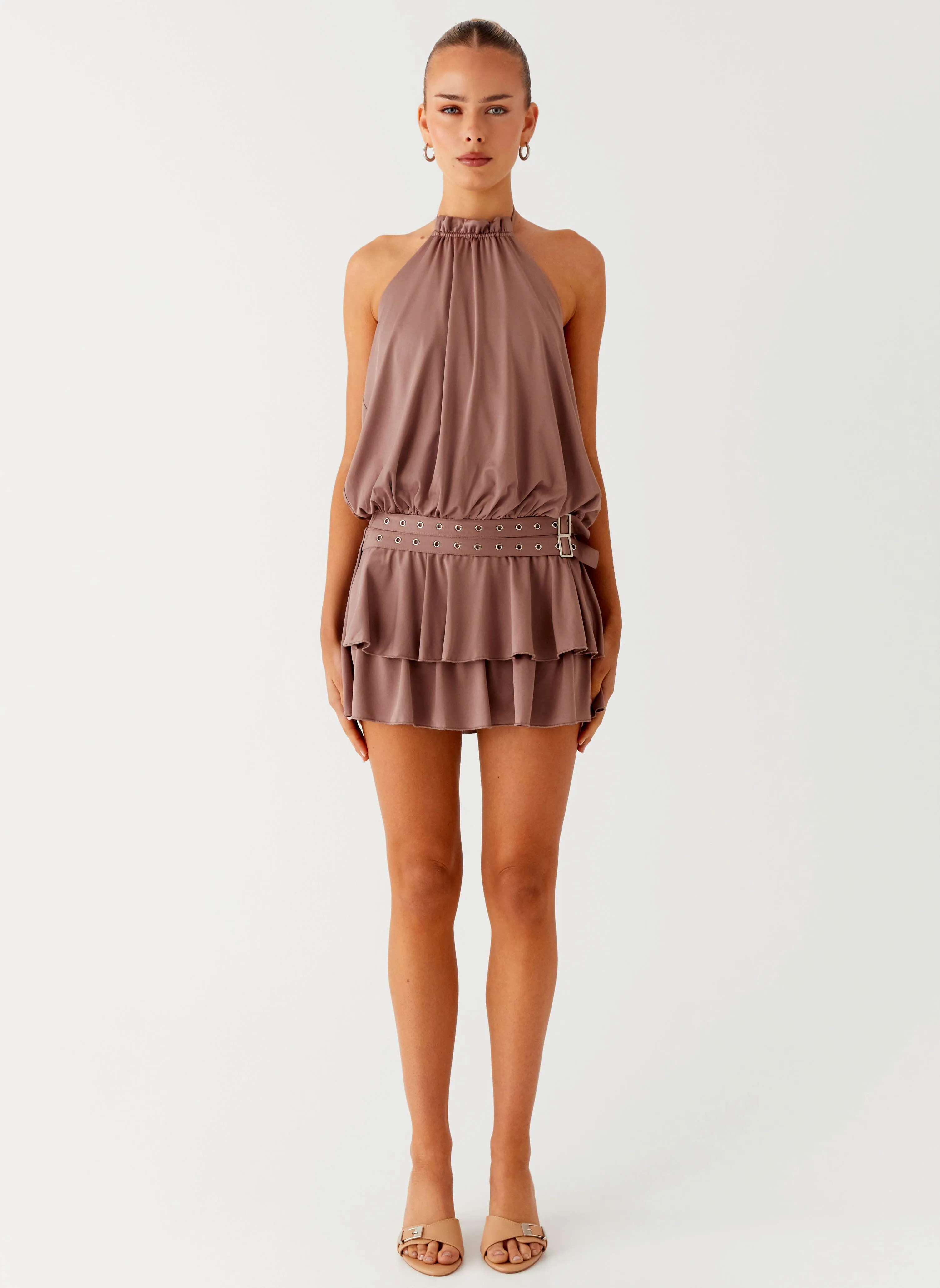 Dopamine Belt Mini Dress - Taupe Versatile Layering Split hem